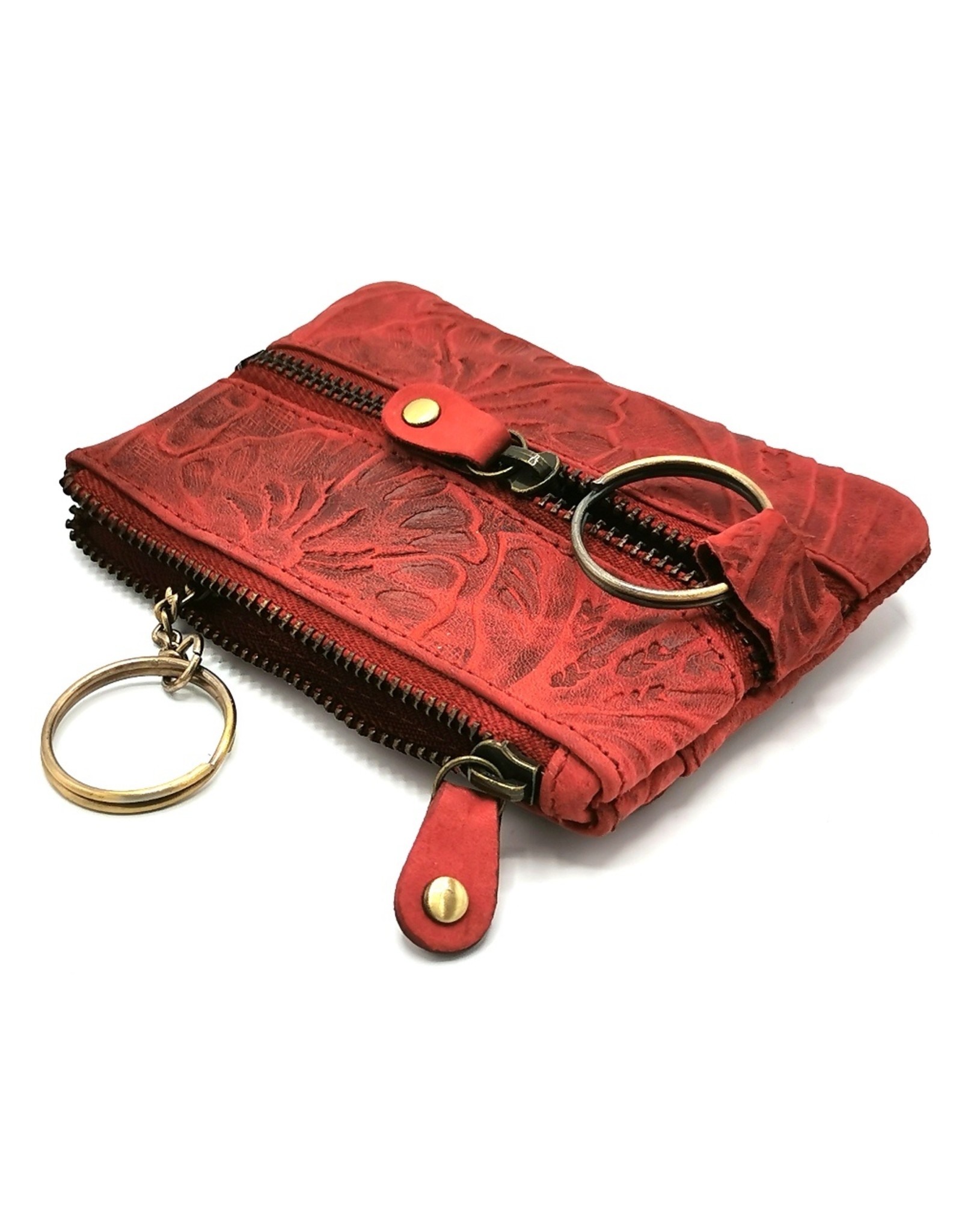 HillBurry Leather Wallets -  Leather key case with embossed flowers (red)