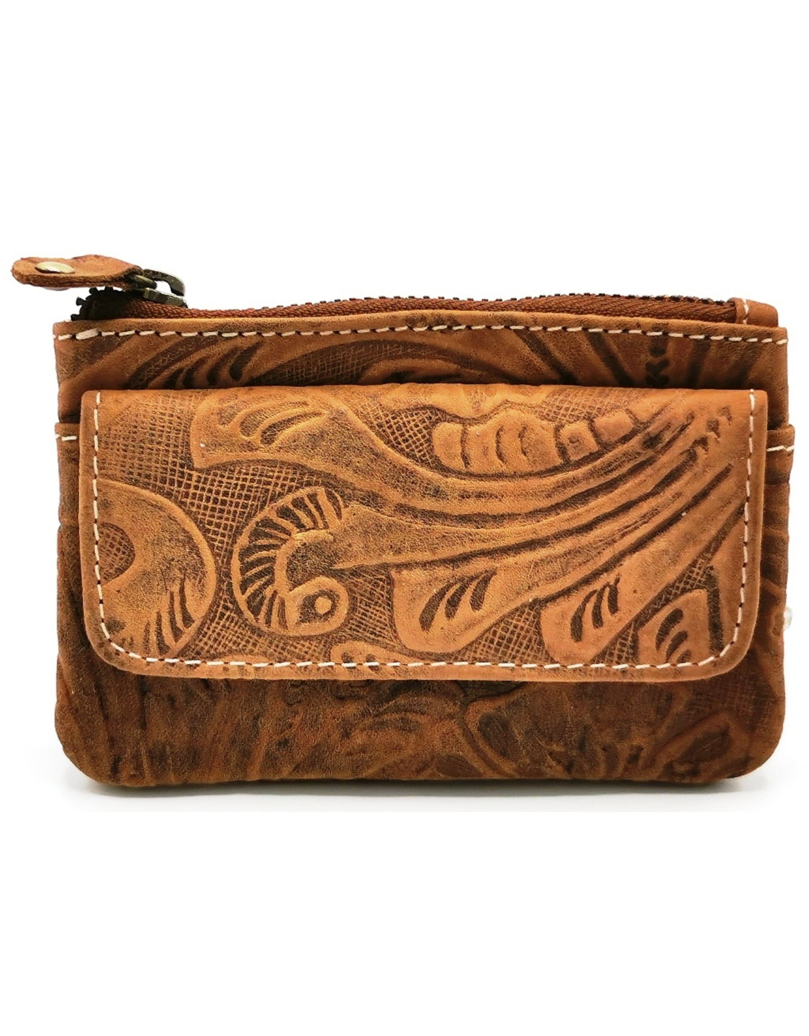 HillBurry Leather Wallets -  Leather key case with embossed flowers (tan)