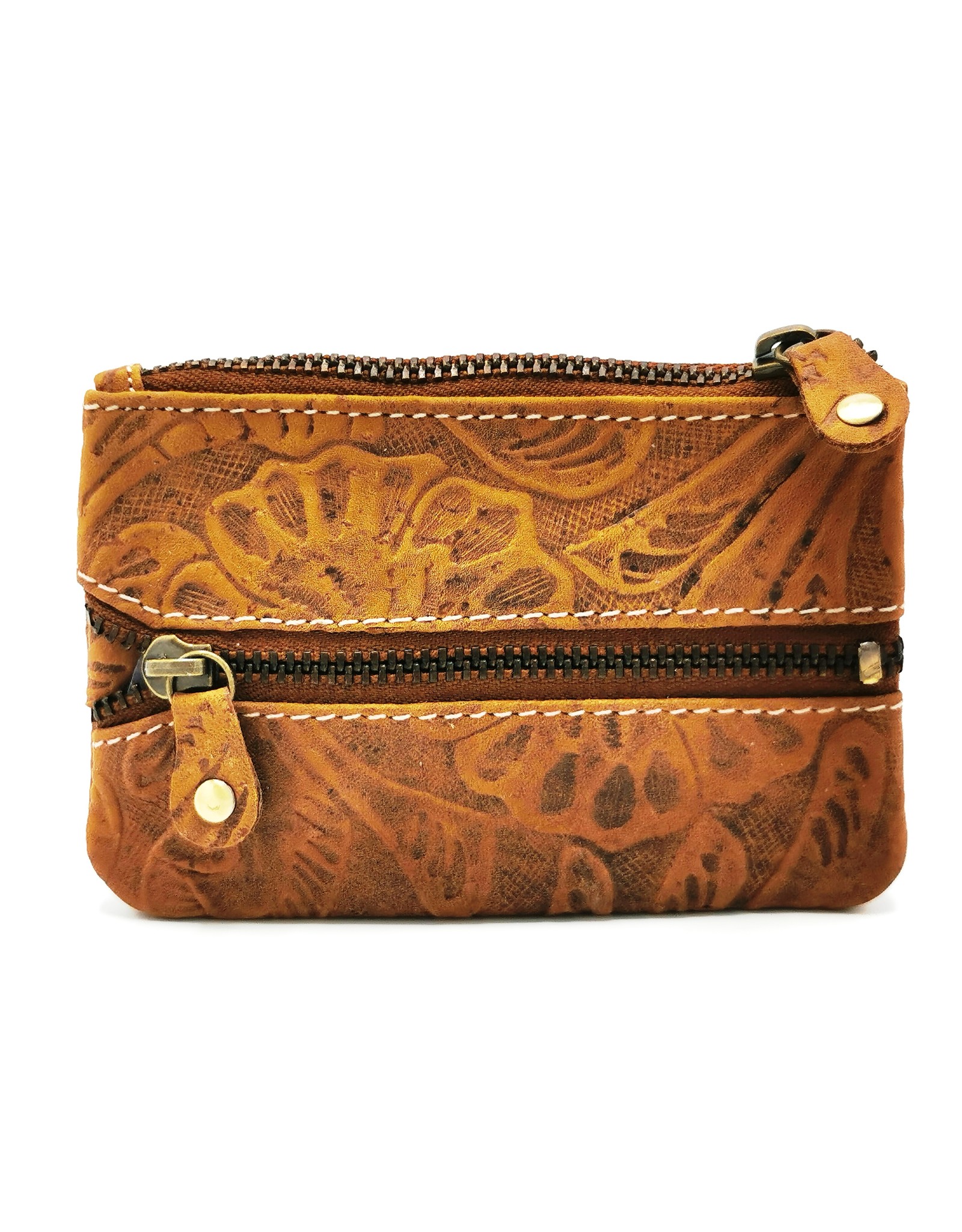 HillBurry Leather Wallets -  Leather key case with embossed flowers (tan)