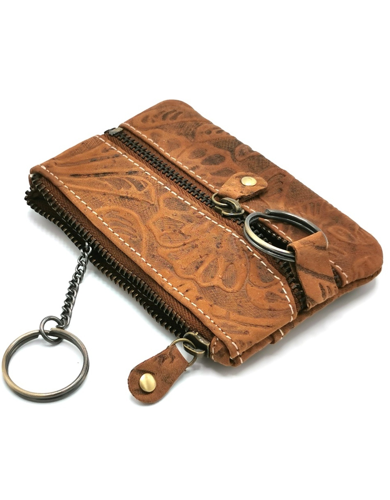 HillBurry Leather Wallets -  Leather key case with embossed flowers (tan)