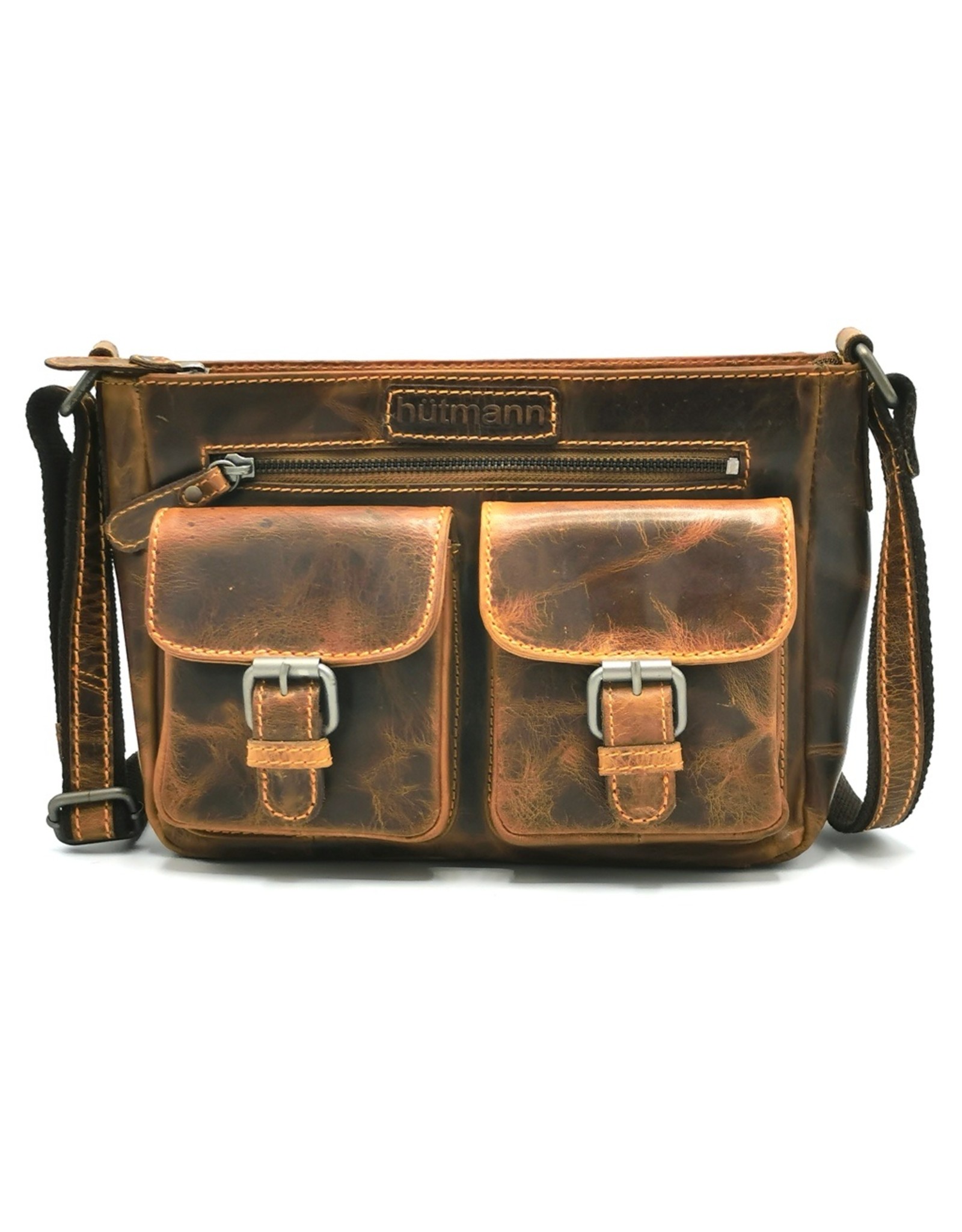 Crossbody Double Pocket Leather Bag Brown