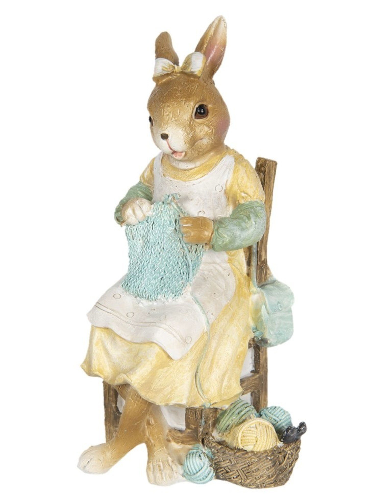 C&E Giftware & Lifestyle - Rabbit Girl sitting on chair knitting figurine 18cm