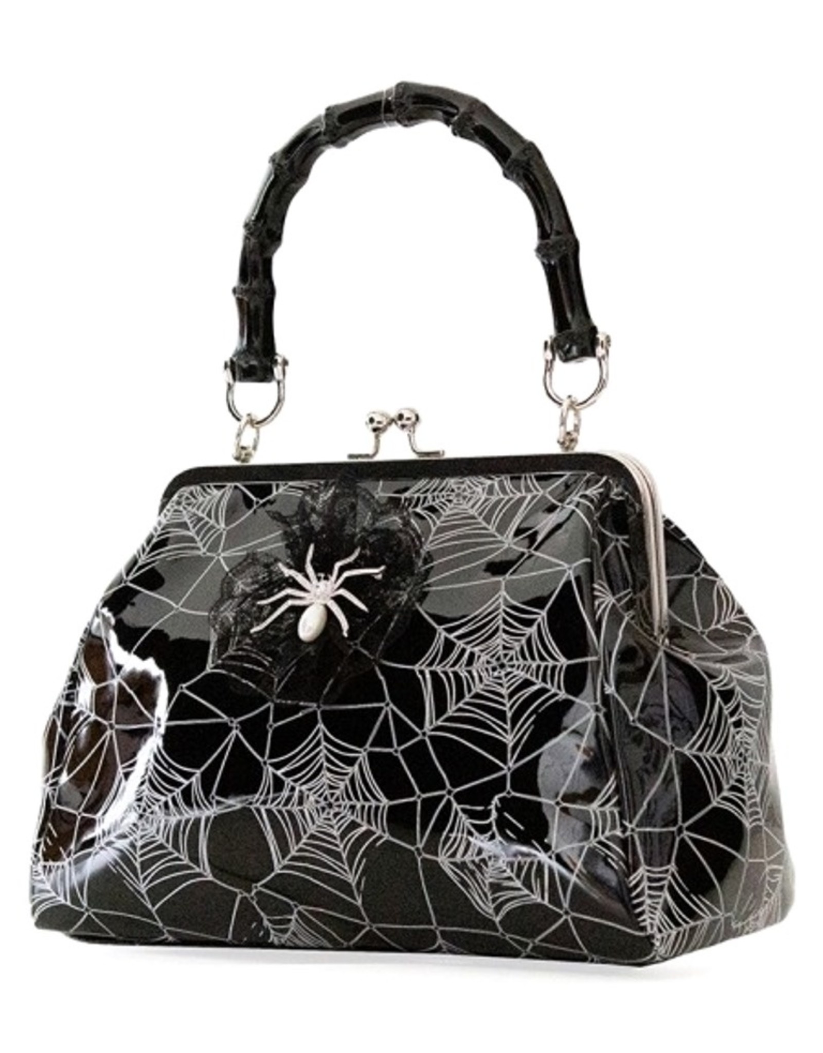 Banned Gothic Tassen Steampunk Tassen - Killian Gothic Handtas met Web-print en Spinnenbroche