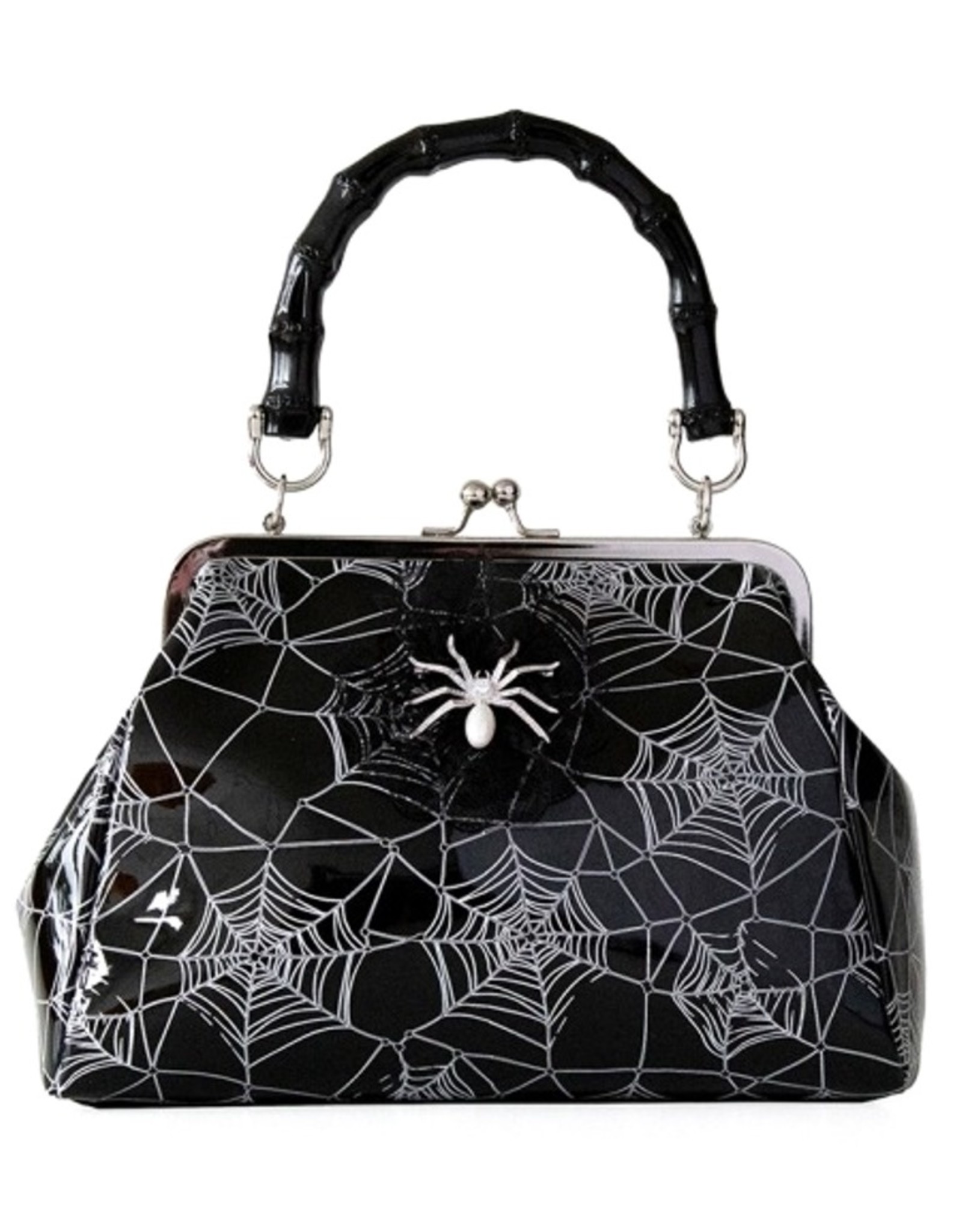 Banned Gothic Bags Steampunk Bags - Killian Gothic Handbag with Web-Print and Spider Brooch