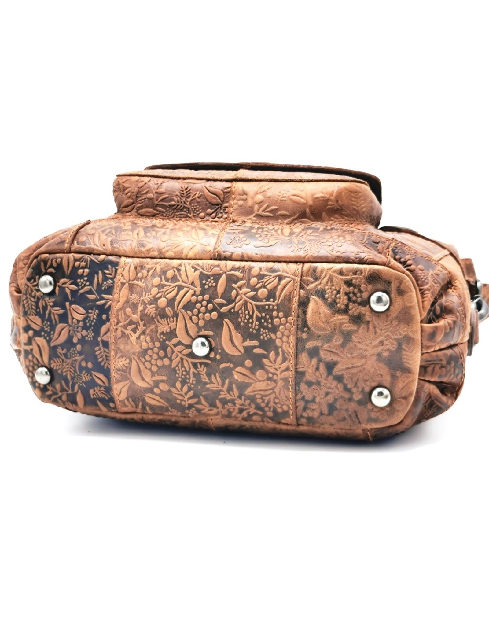 HillBurry Leren schoudertassen Leren crossbody tassen - HillBurry Leren Schoudertas met reliëf Bloemenmotief Bruin