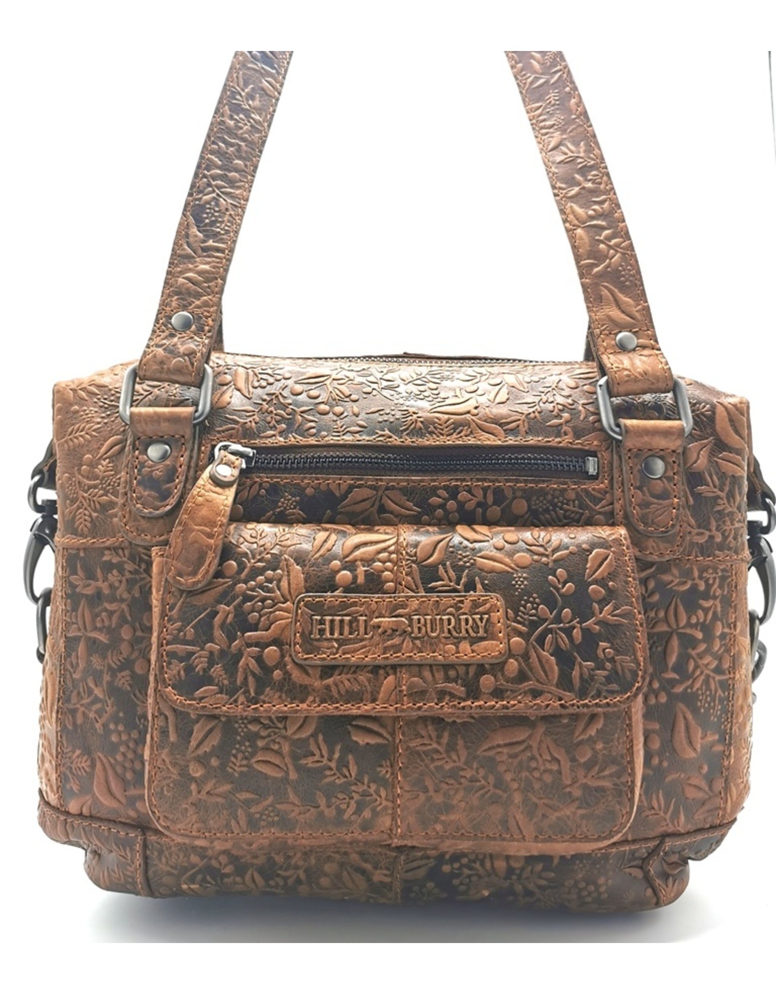 HillBurry Leather Shoulder bags  leather crossbody bags - HillBurry Leather Shoulder Bag with Embossed Floral Print Brown