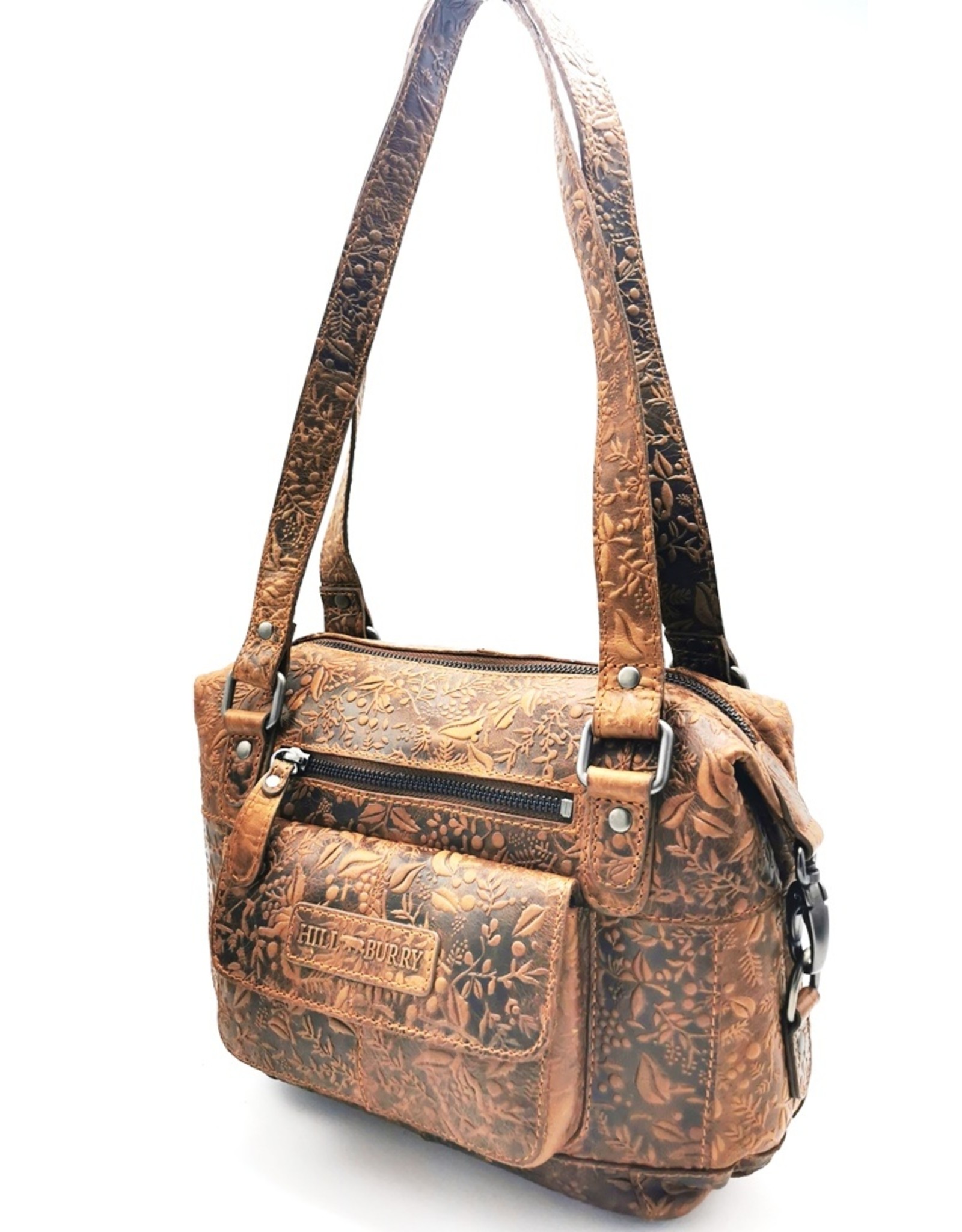 HillBurry Leather Shoulder bags  leather crossbody bags - HillBurry Leather Shoulder Bag with Embossed Floral Print Brown