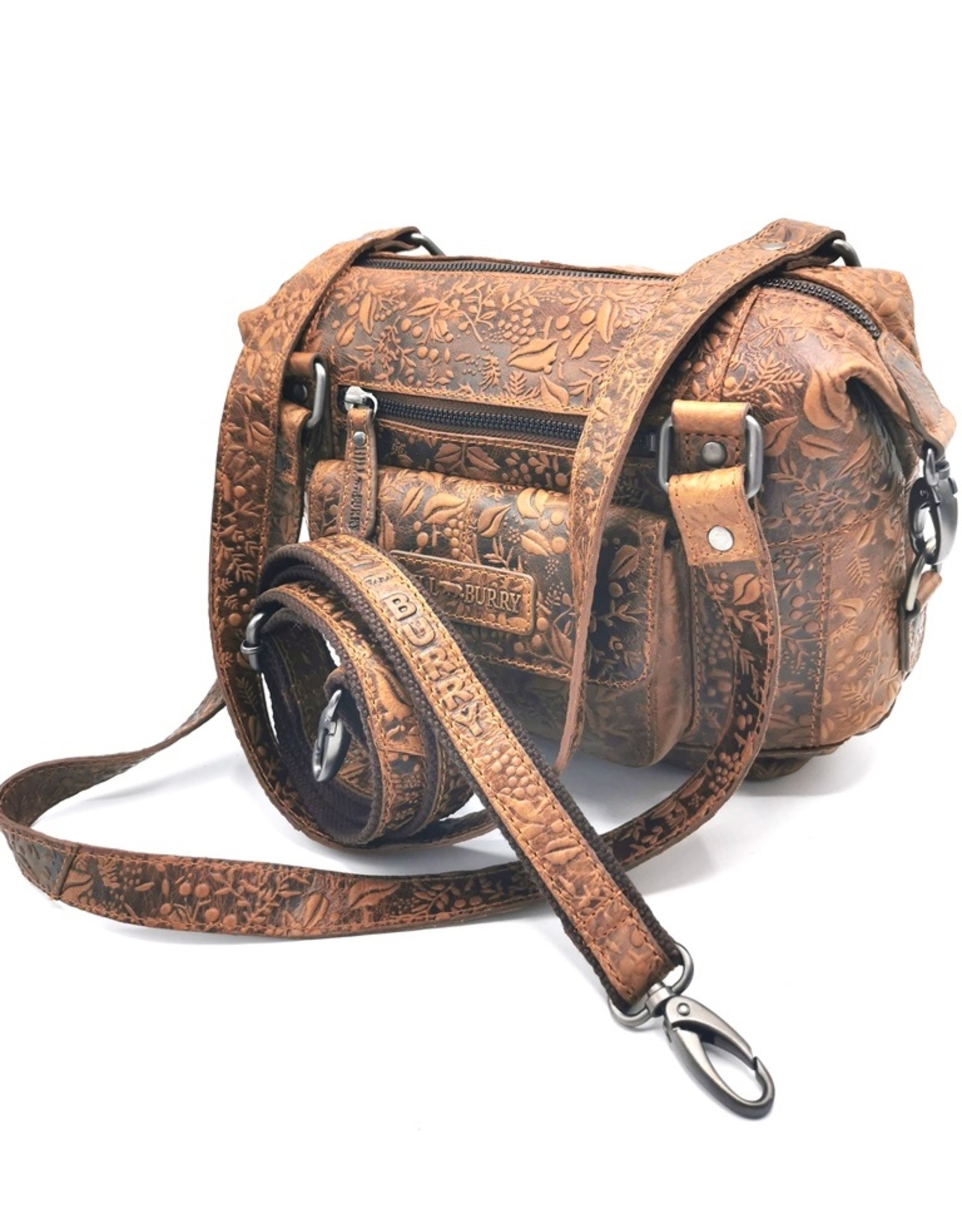 HillBurry Leather Shoulder bags  leather crossbody bags - HillBurry Leather Shoulder Bag with Embossed Floral Print Brown