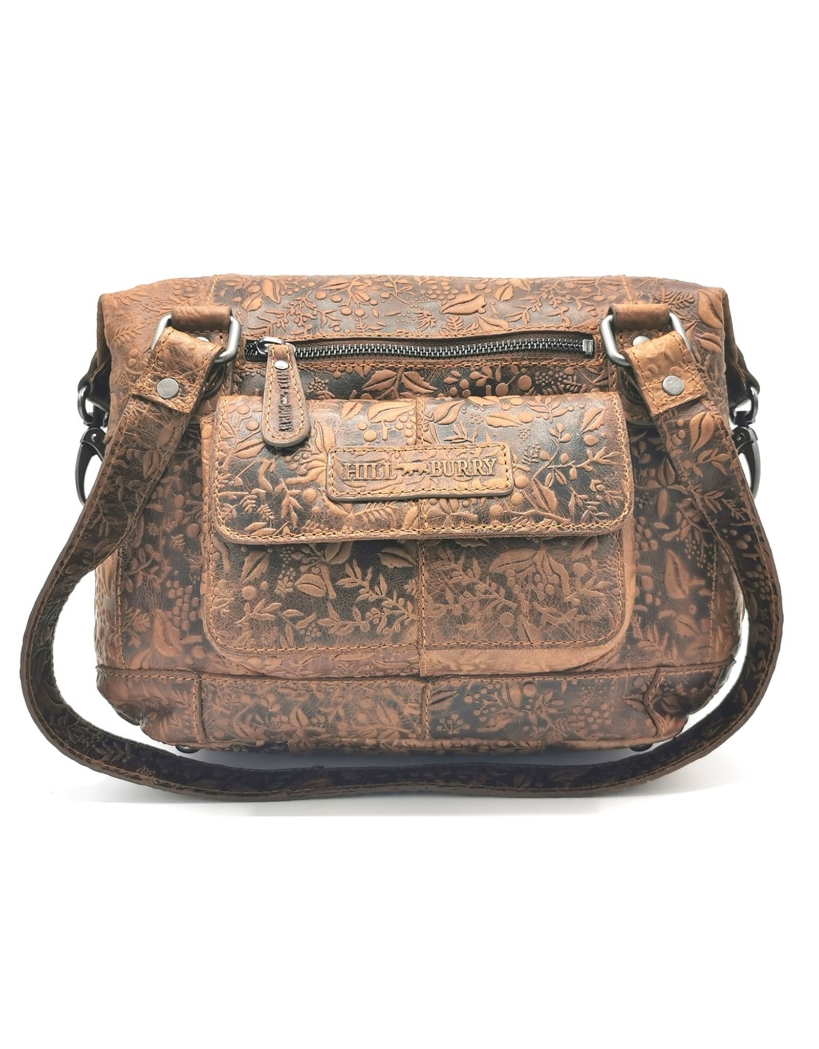 HillBurry Leren schoudertassen Leren crossbody tassen - HillBurry Leren Schoudertas met reliëf Bloemenmotief Bruin