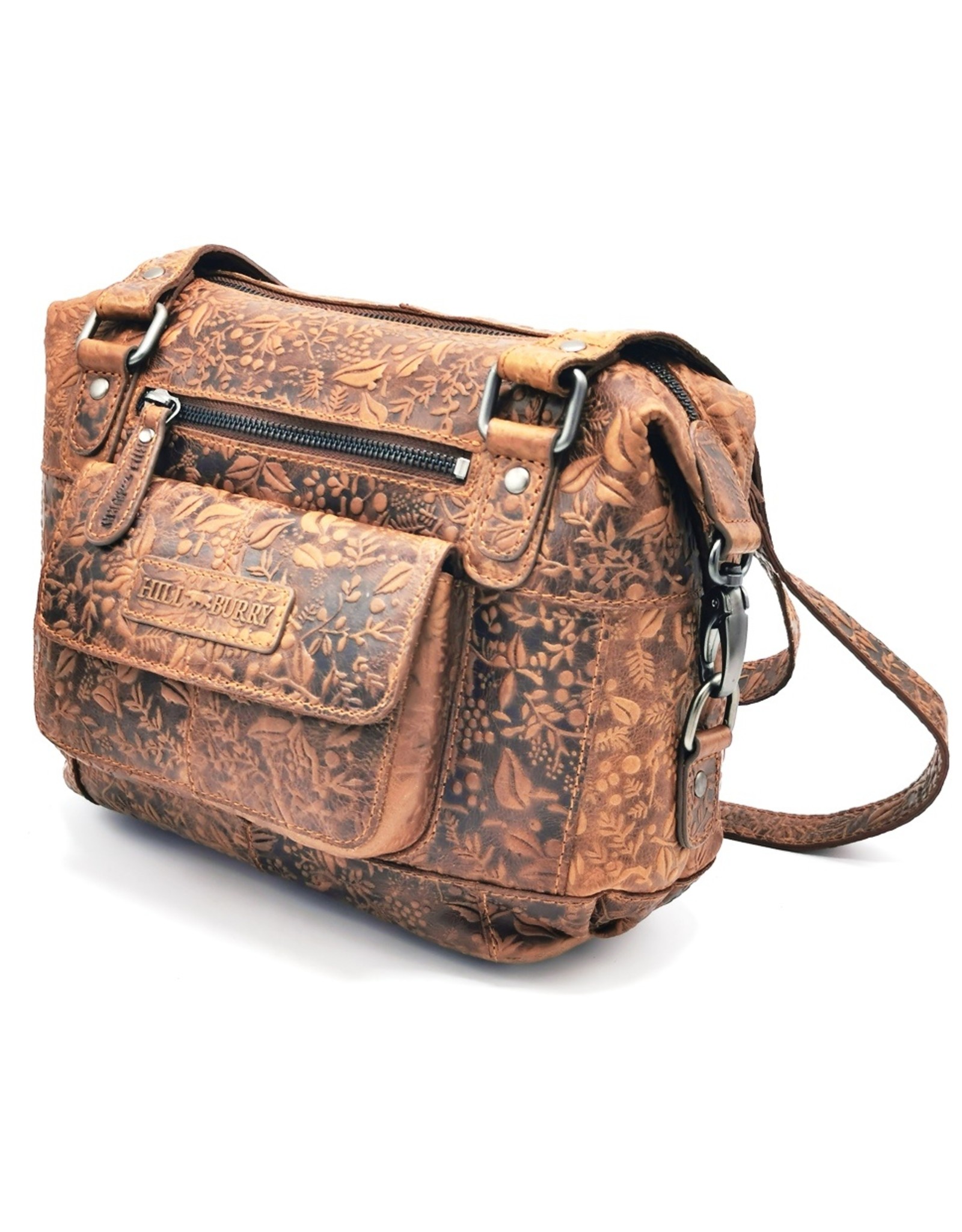 HillBurry Leren schoudertassen Leren crossbody tassen - HillBurry Leren Schoudertas met reliëf Bloemenmotief Bruin