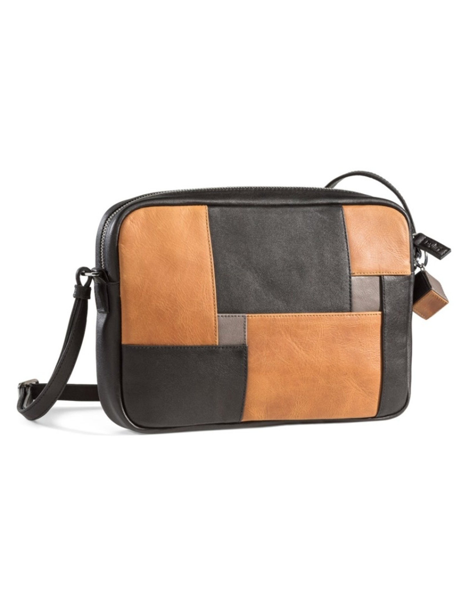 by-Lin Dutch Design Leren Designtassen en accessoires - by-Lin Cubic handtas cognac-zwart-grijs -vintage leder