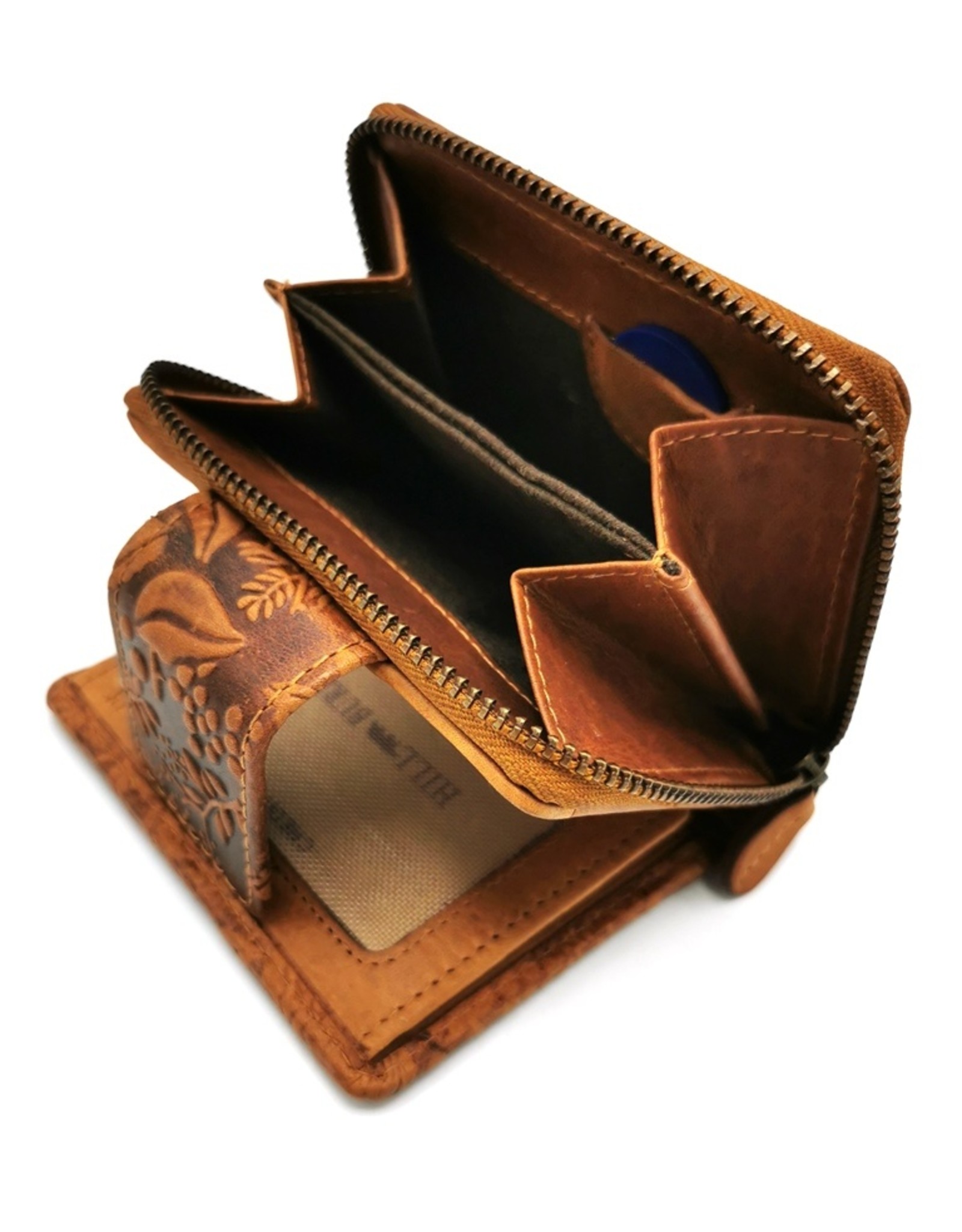 HillBurry Leather Wallets -  HillBurry Leather Wallet with Embossed Flowers Tan