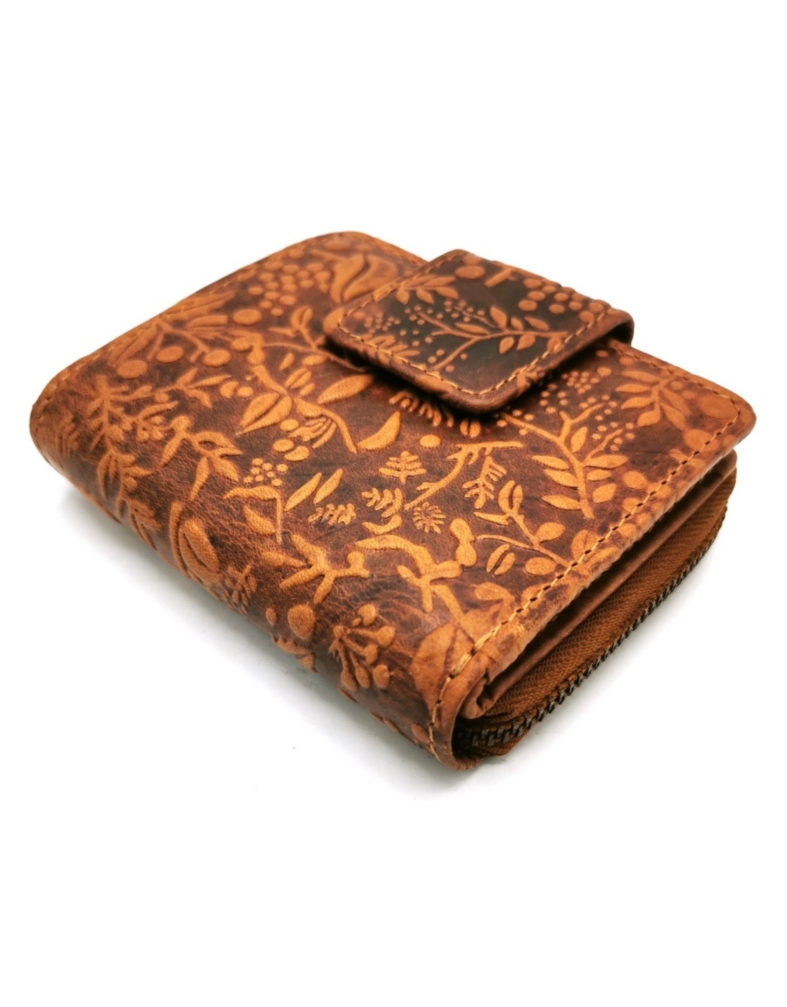 HillBurry Leather Wallets -  HillBurry Leather Wallet with Embossed Flowers Tan