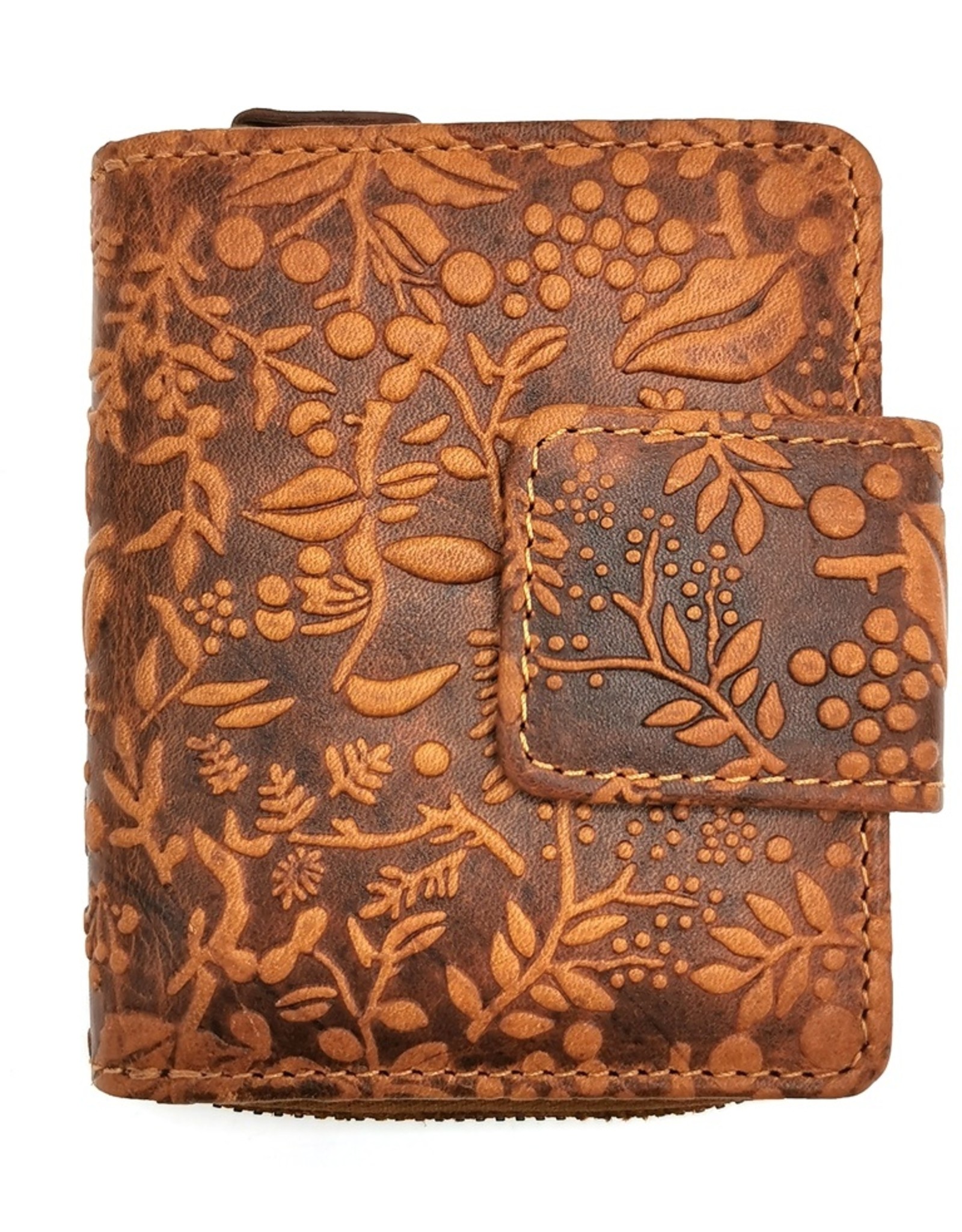 HillBurry Leather Wallets -  HillBurry Leather Wallet with Embossed Flowers Tan