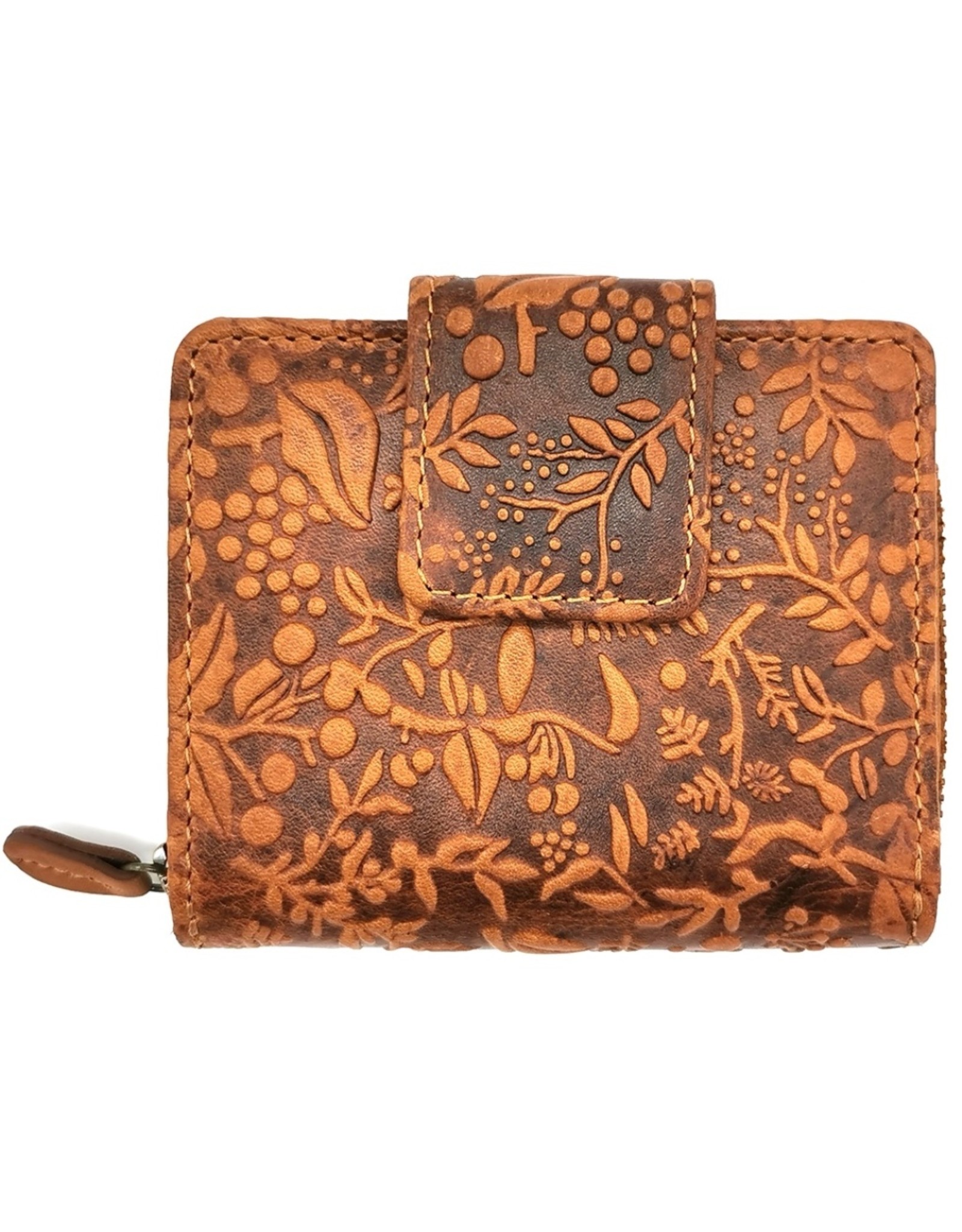 HillBurry Leren Portemonnees - HillBurry Leren Portemonnee met Bloemen Relief Tan