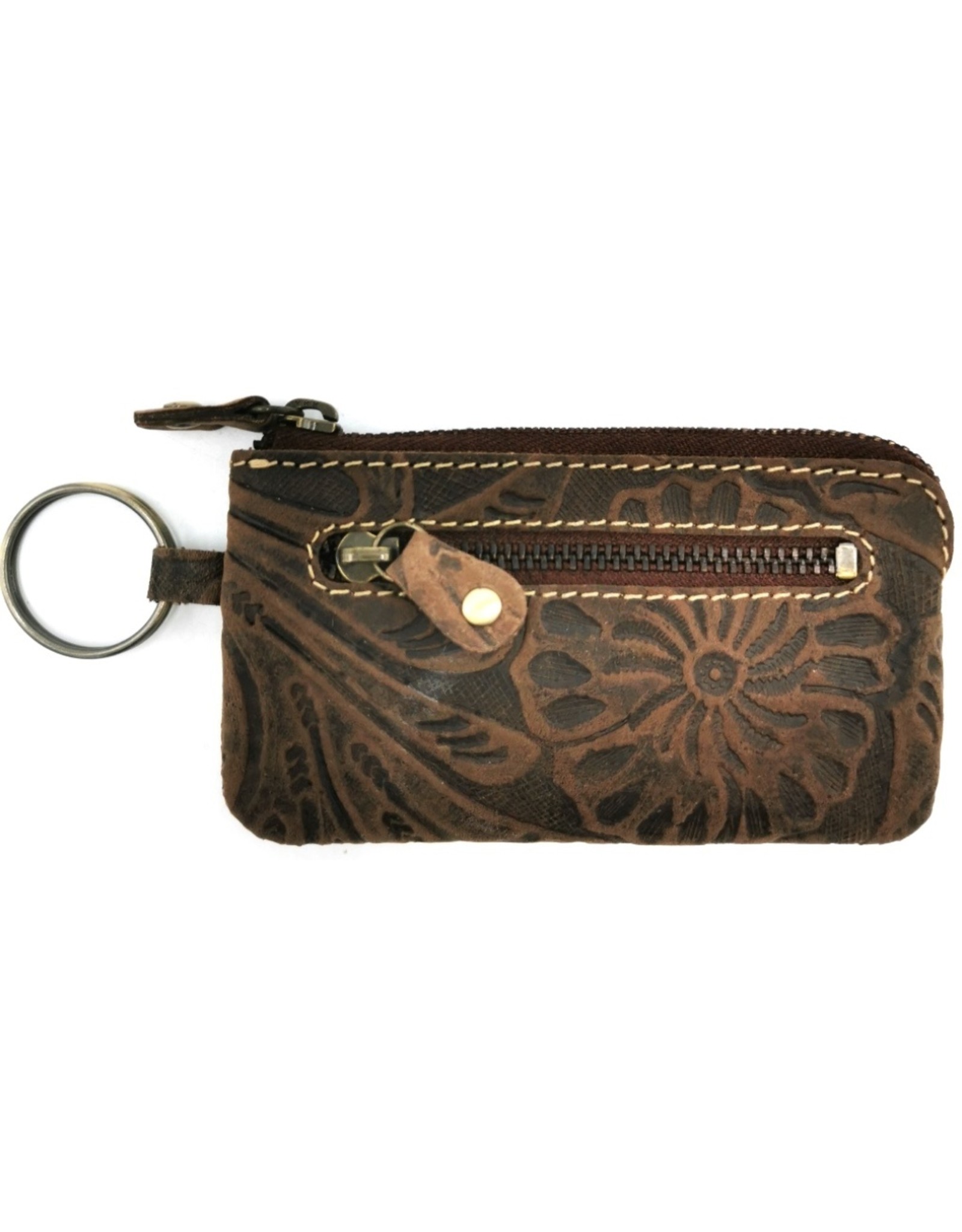 HillBurry Leather Wallets - Leather key case with embossed flowers brown small