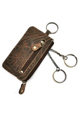 HillBurry Leather Wallets - Leather key case with embossed flowers brown small