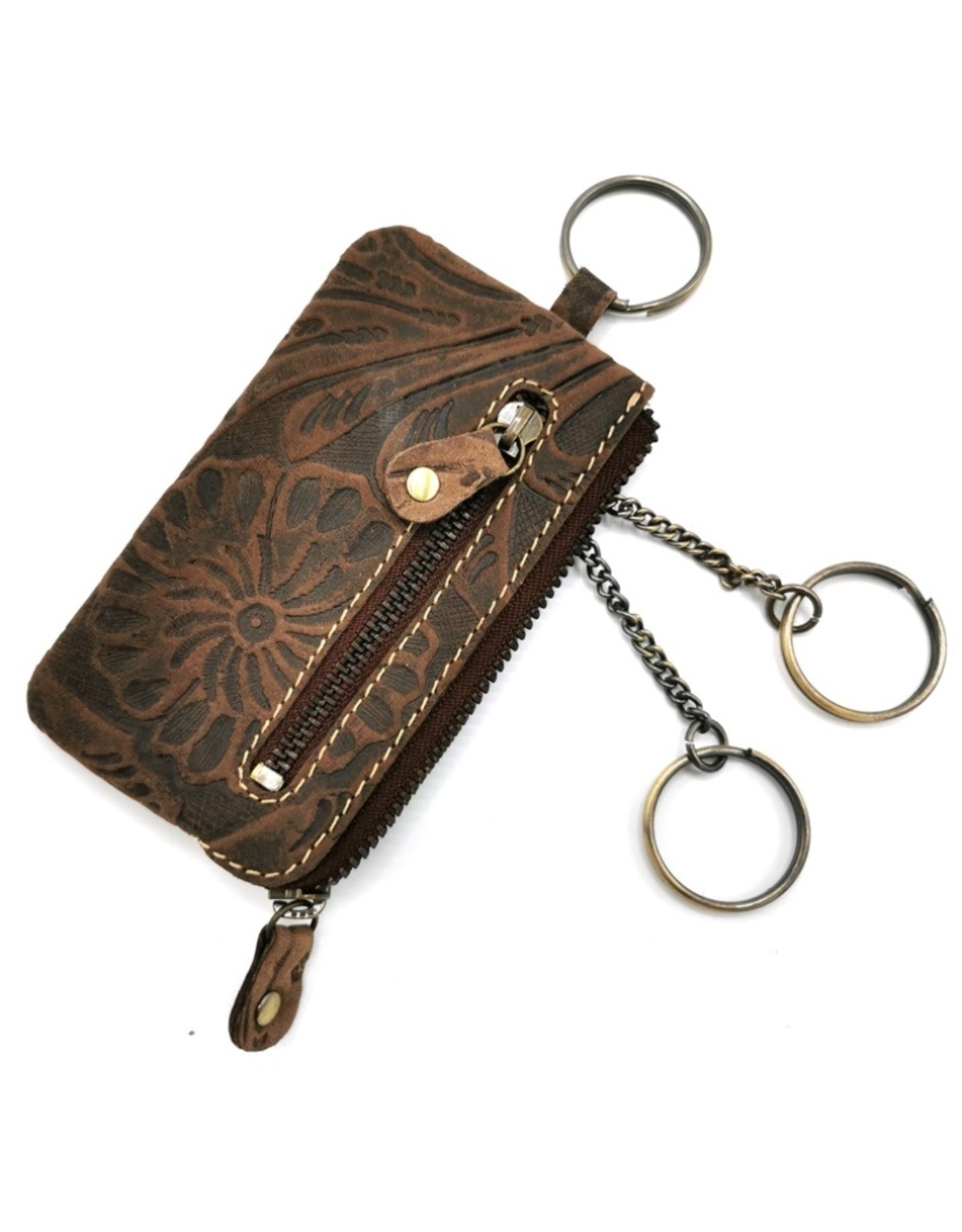 HillBurry Leather Wallets - Leather key case with embossed flowers brown small