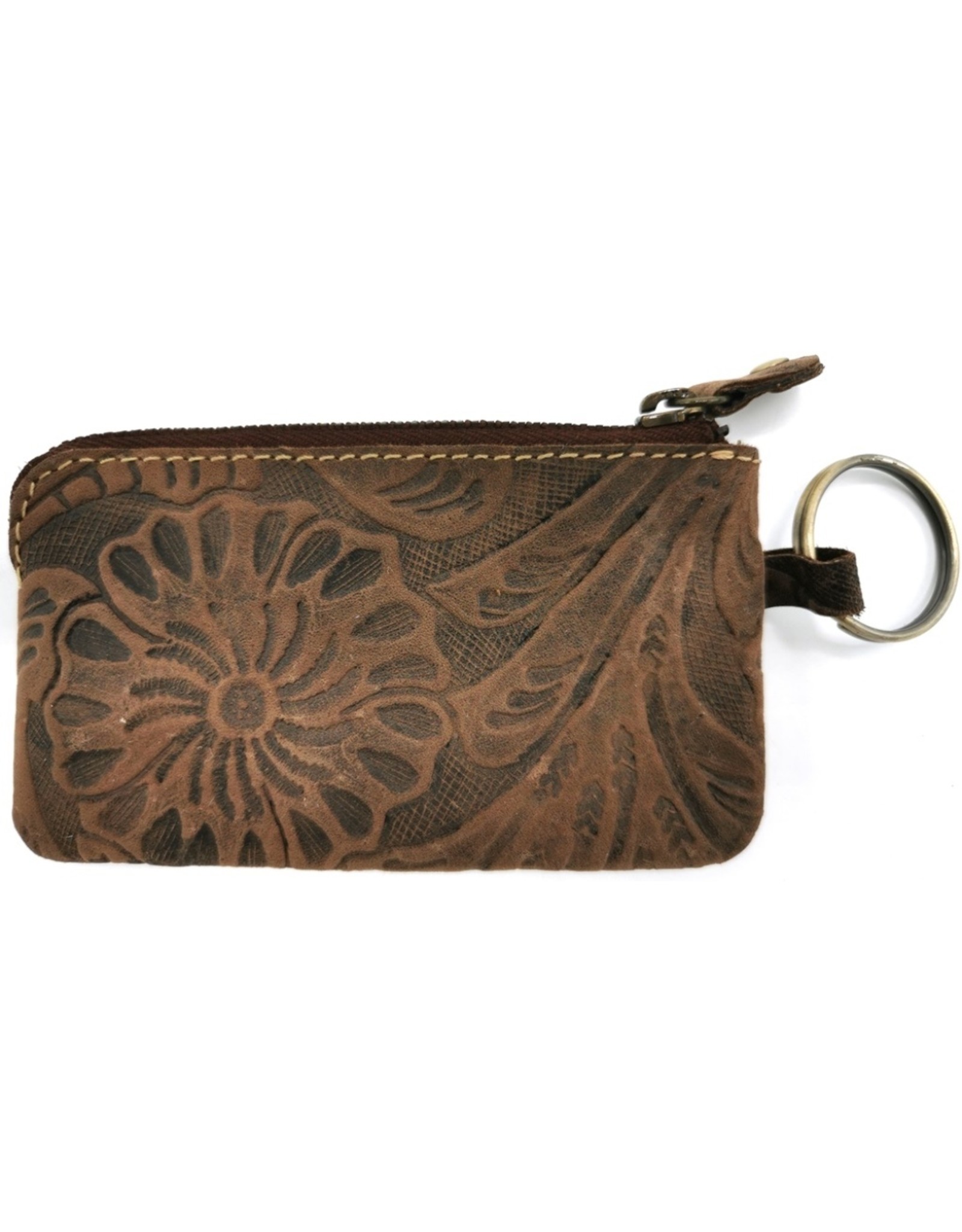 HillBurry Leather Wallets - Leather key case with embossed flowers brown small