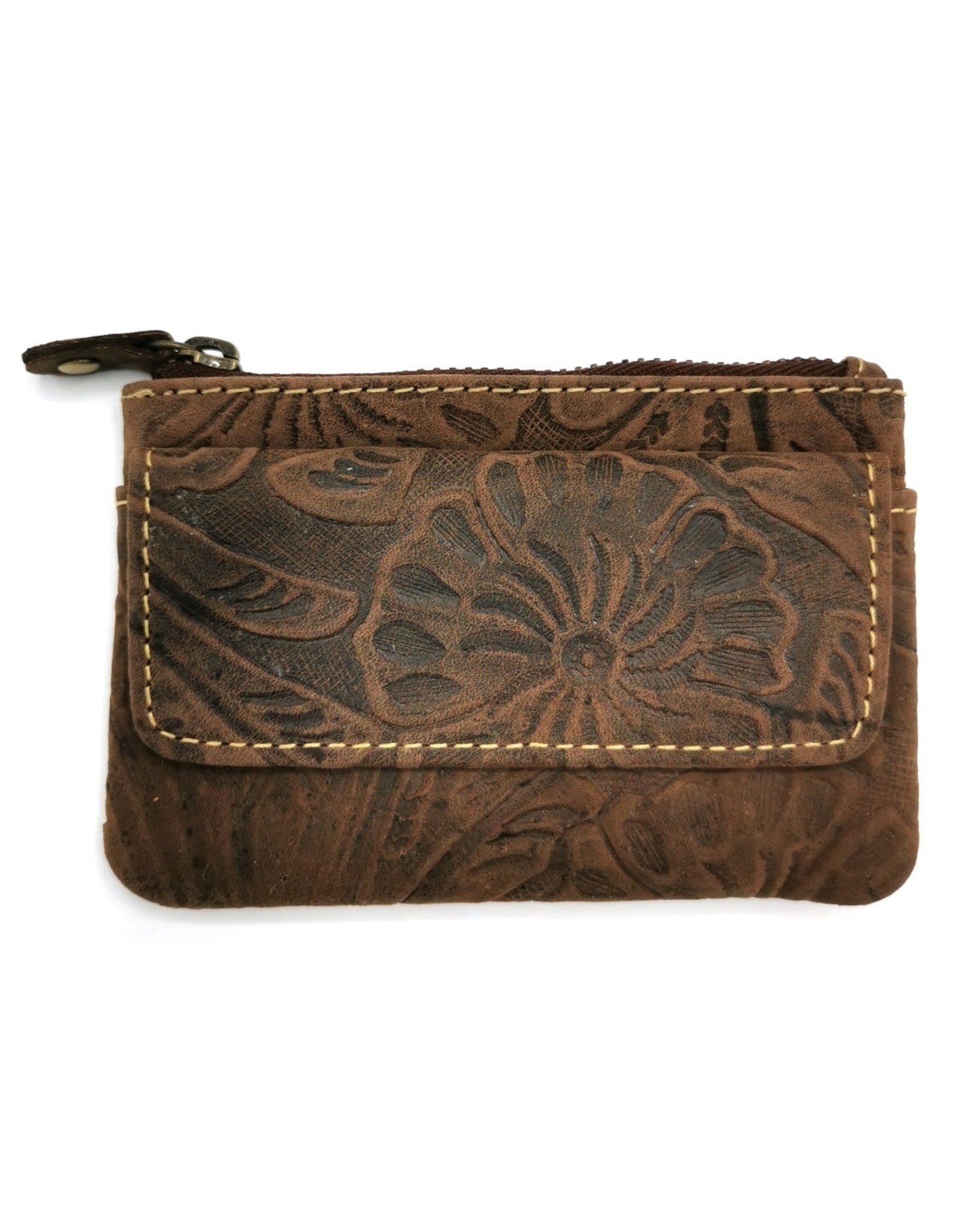 HillBurry Leather Wallets -   Leather key case with embossed flowers (Brown)