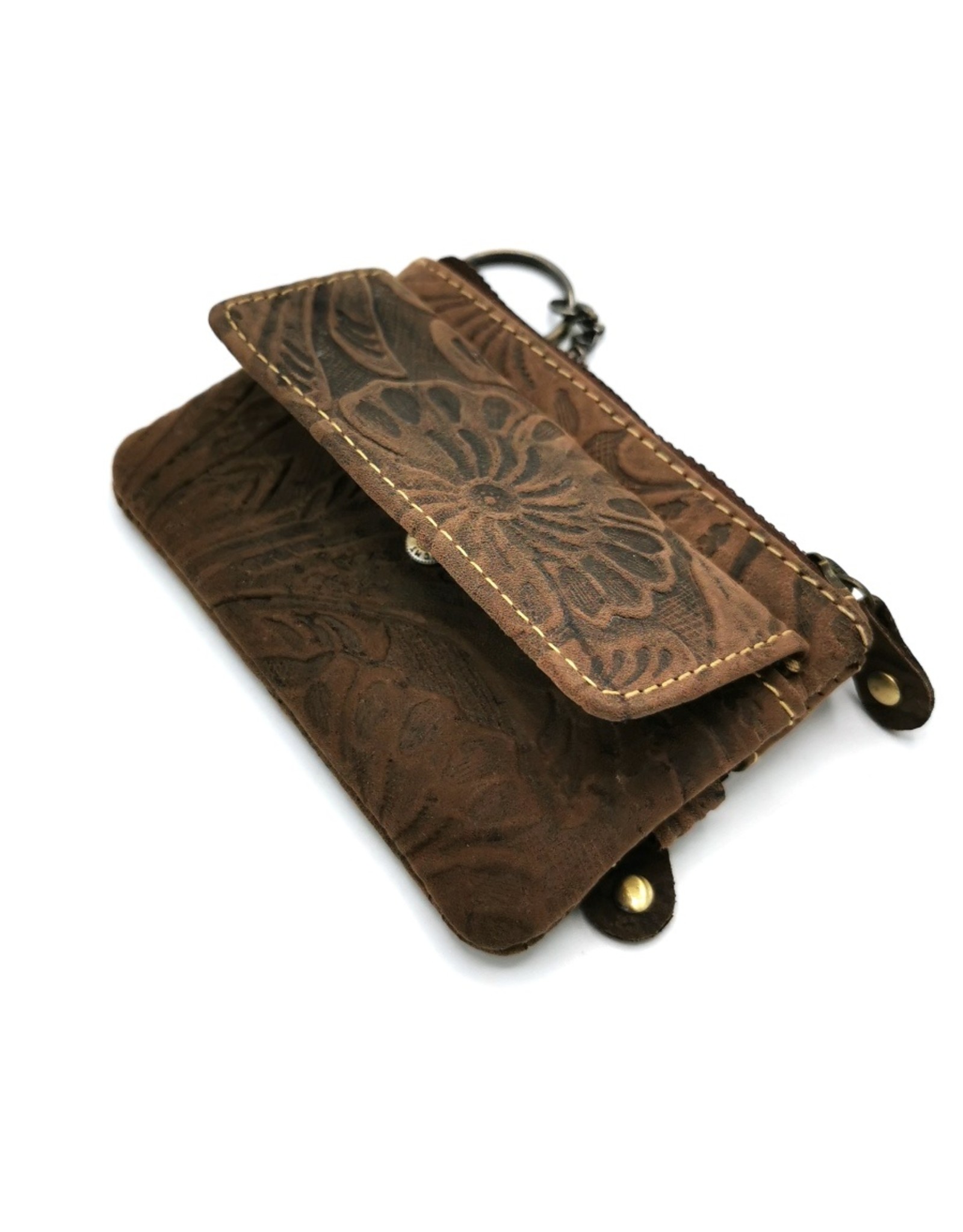 HillBurry Leather Wallets -   Leather key case with embossed flowers (Brown)