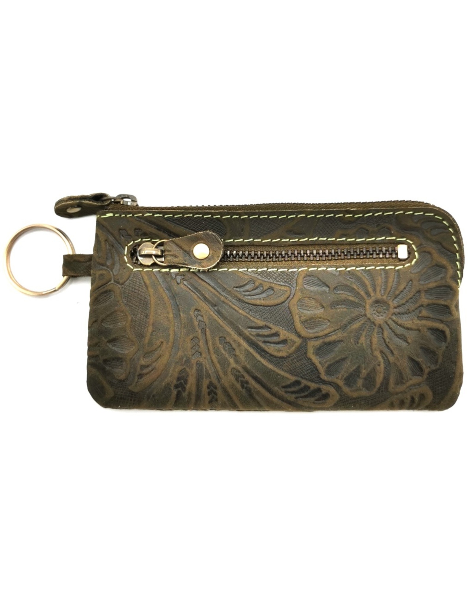 HillBurry Leather Wallets -  Leather key case with embossed flowers (Green large)