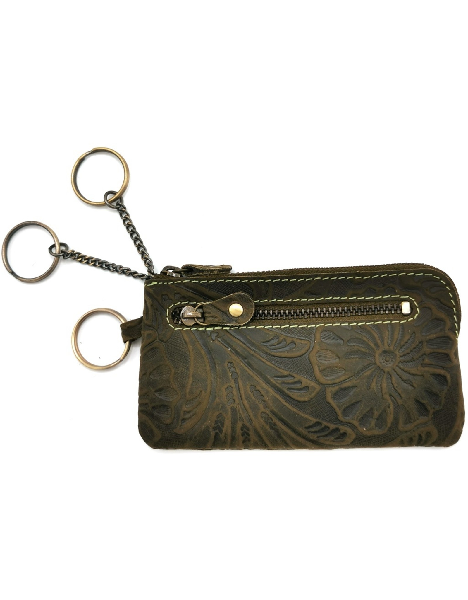 HillBurry Leather Wallets -  Leather key case with embossed flowers (Green large)