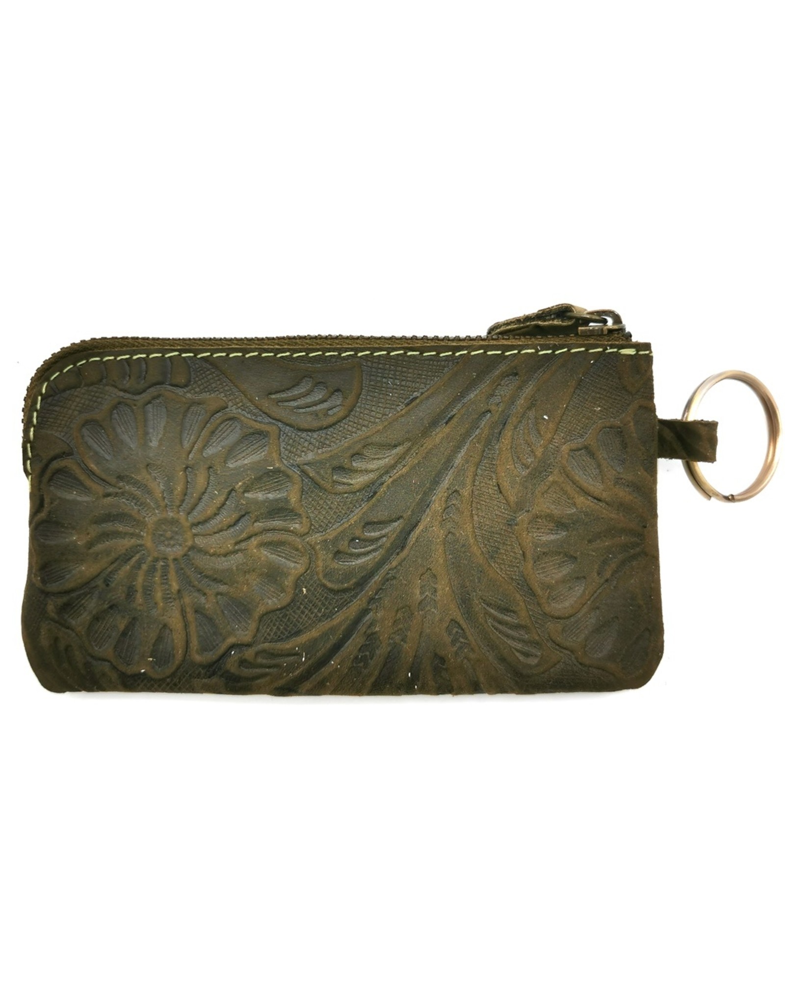 HillBurry Leather Wallets -  Leather key case with embossed flowers (Green large)