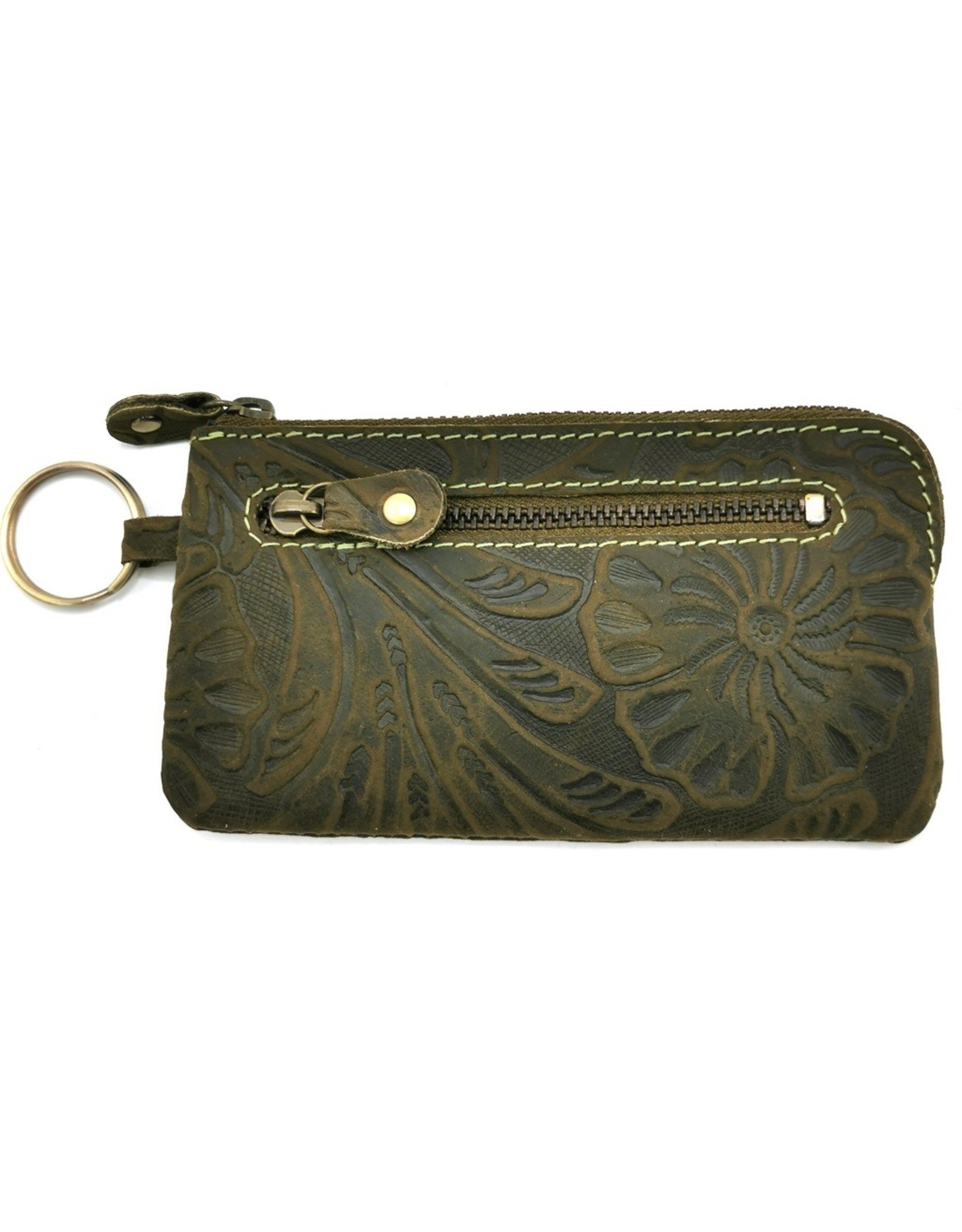 HillBurry Leather Wallets -  Leather key case with embossed flowers (Green large)