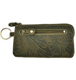 HillBurry Leather key case with embossed flowers Green large