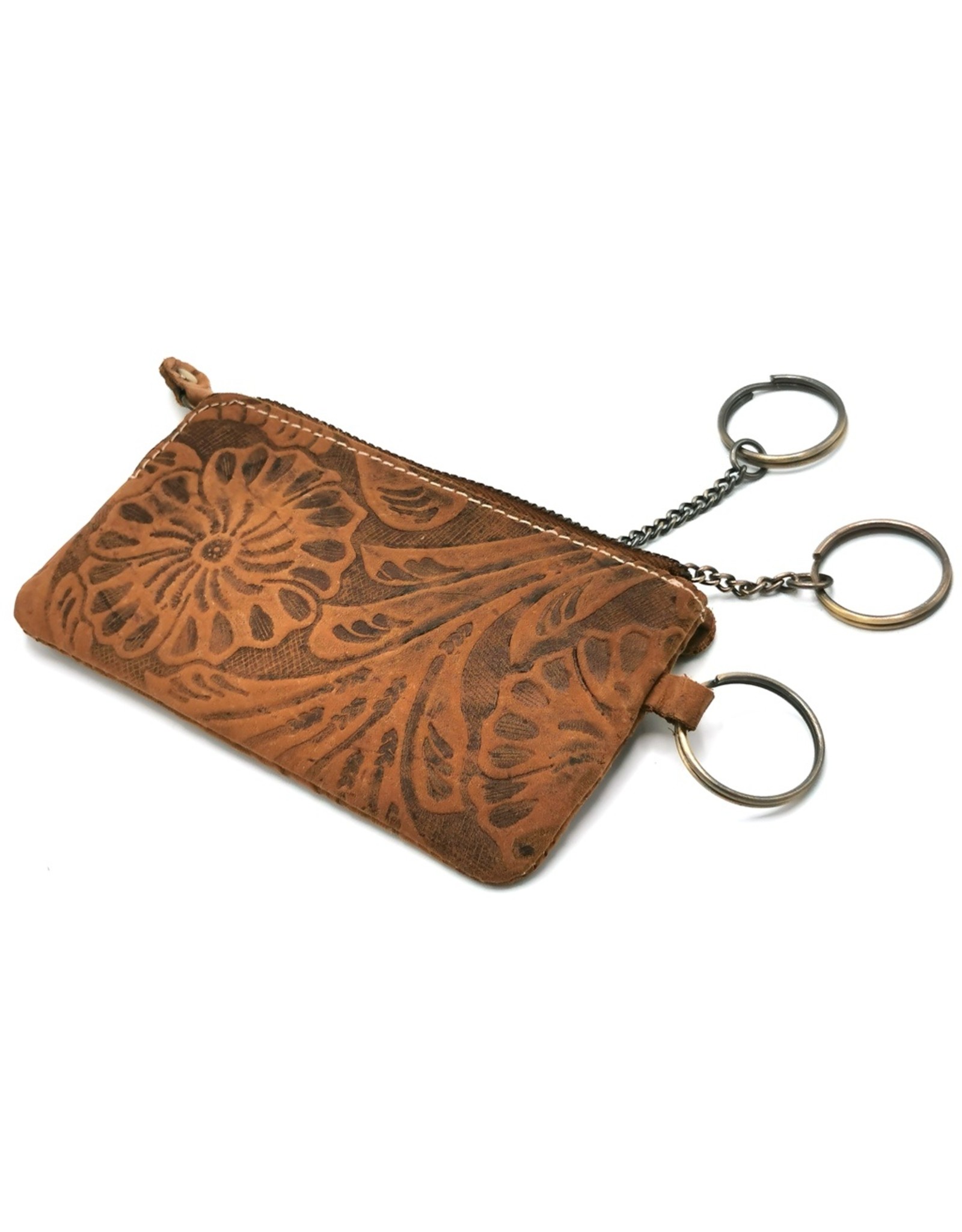 HillBurry Leather Wallets - Leather key case with embossed flowers Tan-small