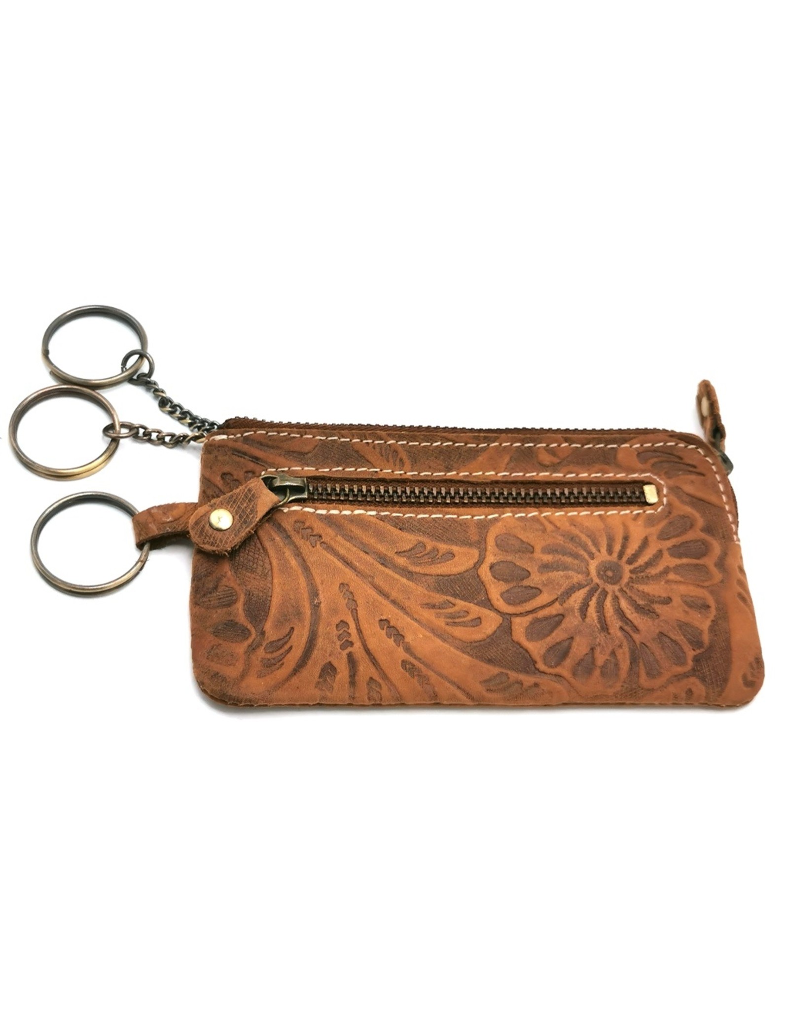 HillBurry Leather Wallets - Leather key case with embossed flowers Tan-small