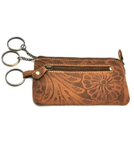 HillBurry Leather key case with embossed flowers Tan-SMALL