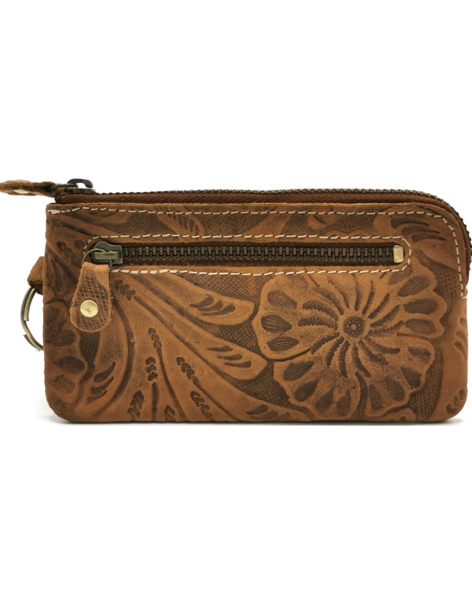 HillBurry Leather Wallets - Leather key case with embossed flowers Tan-small