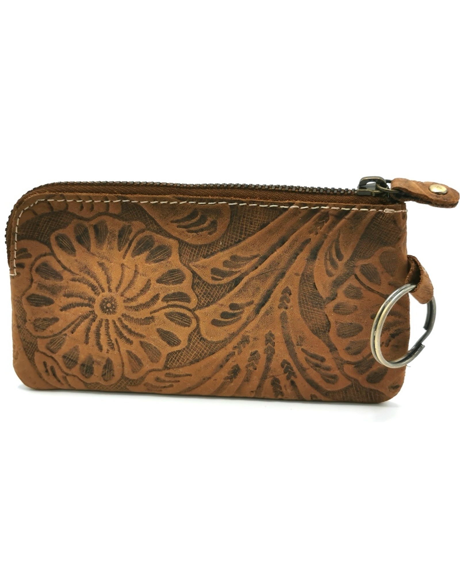 HillBurry Leather Wallets - Leather key case with embossed flowers Tan-small