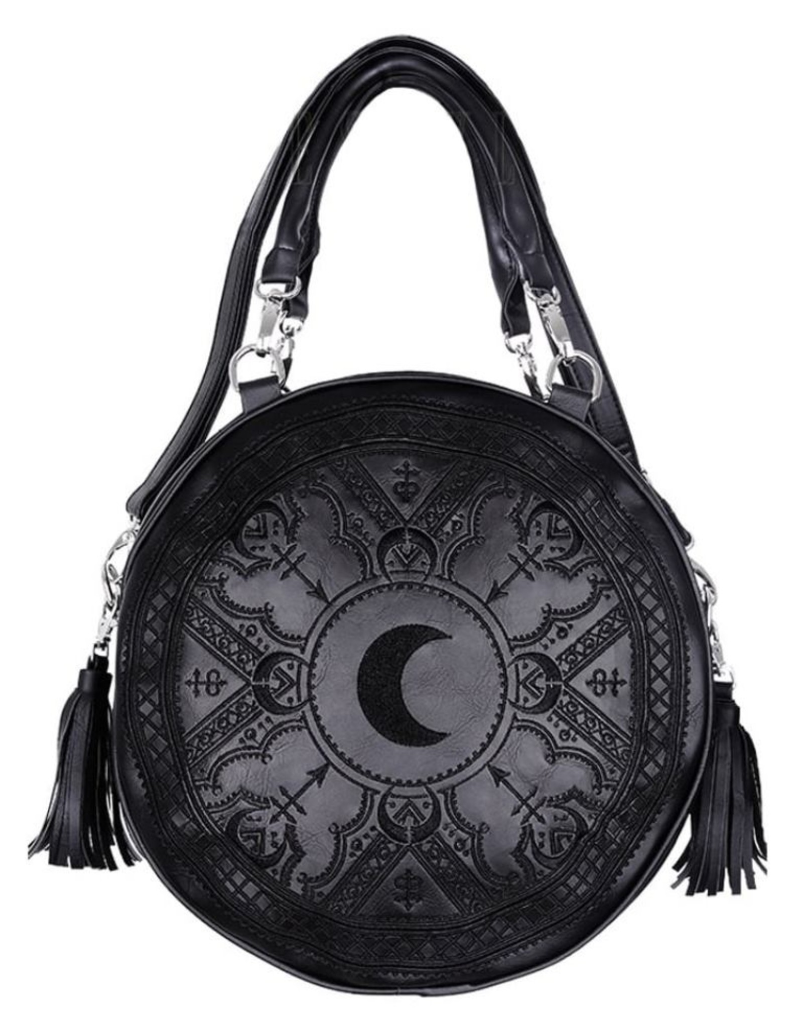 Restyle Gothic Bags Steampunk Bags - Gothic Henna Black Handbag with Moon Embroidery & Tassels