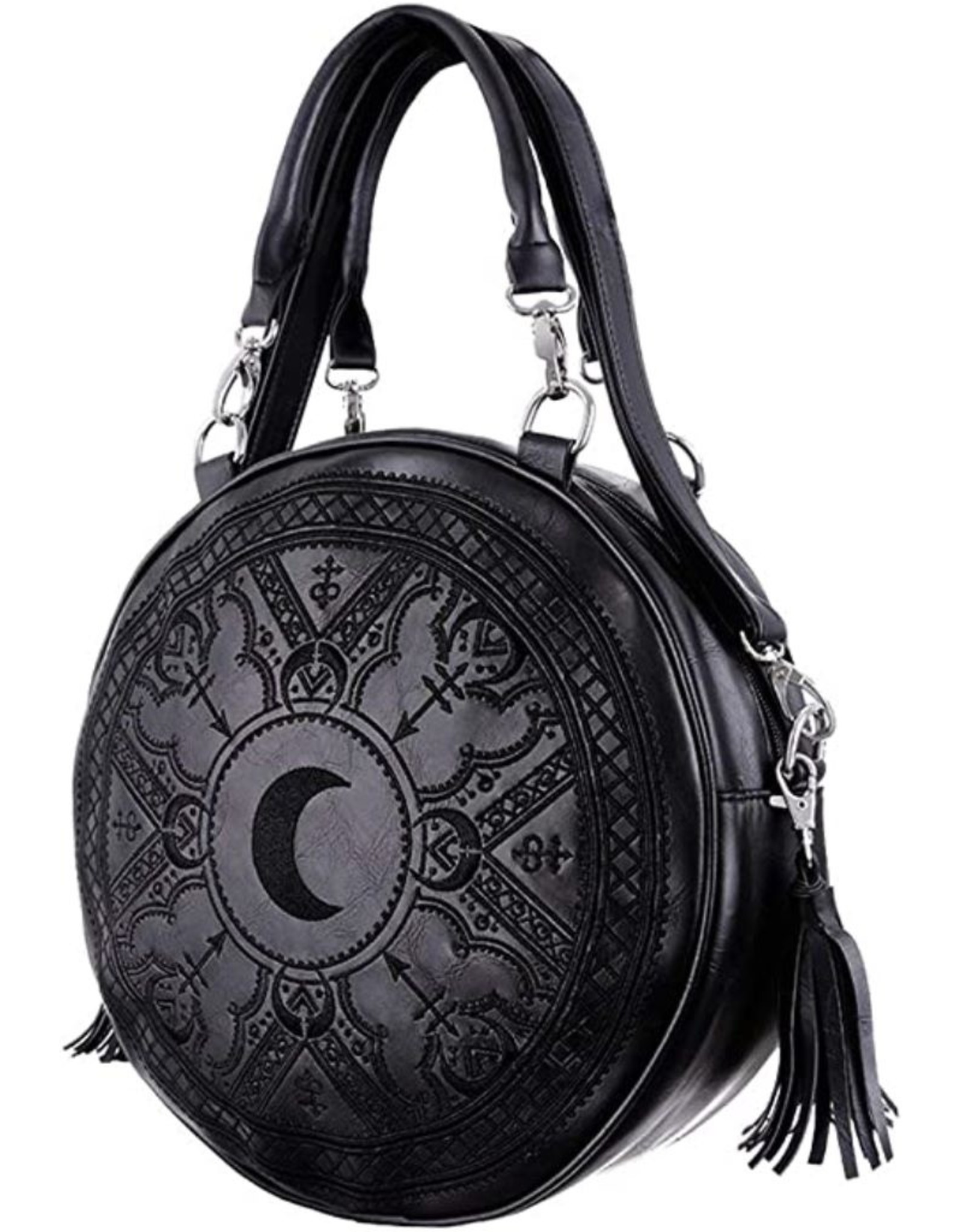 Restyle Gothic Bags Steampunk Bags - Gothic Henna Black Handbag with Moon Embroidery & Tassels