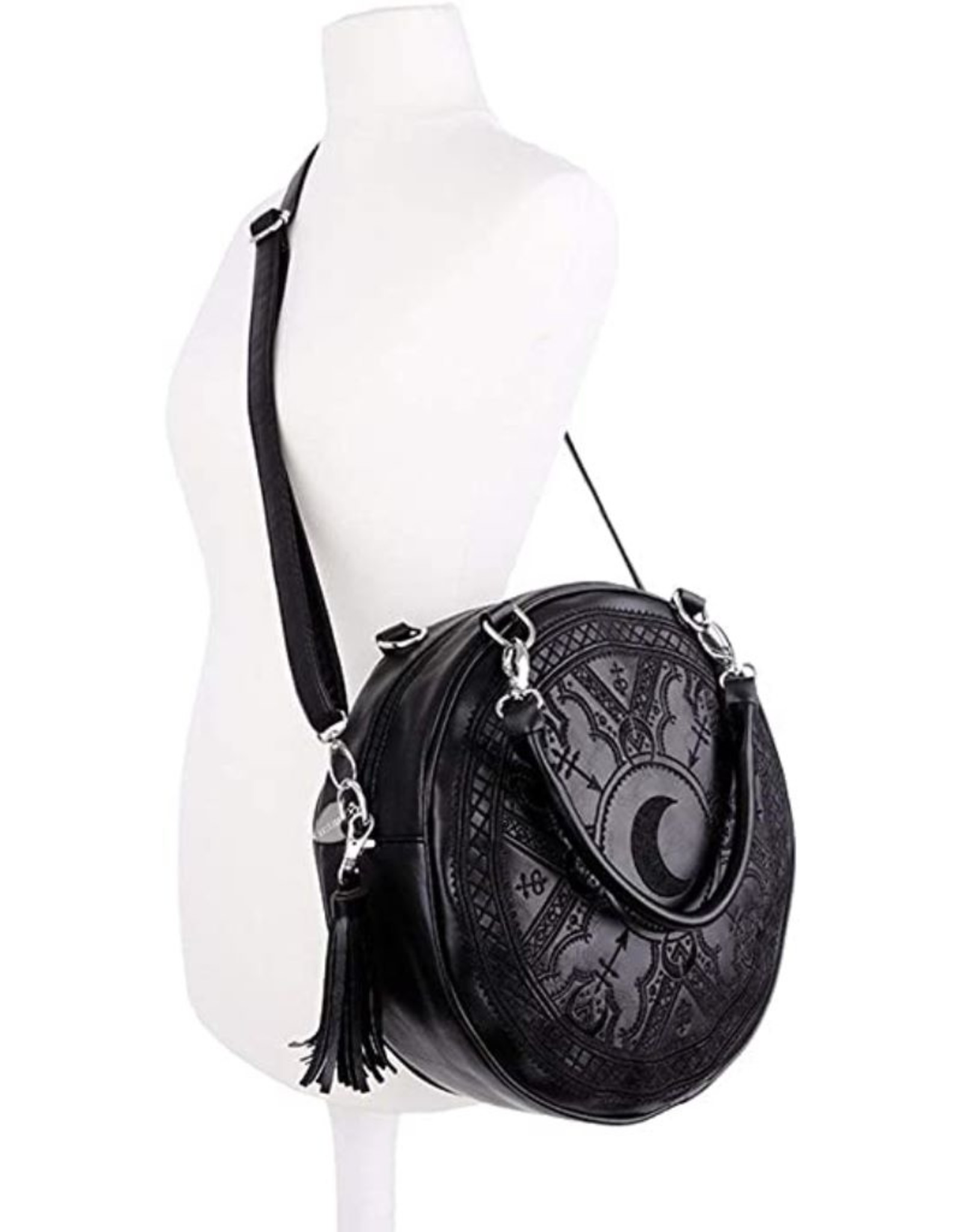 Restyle Gothic Bags Steampunk Bags - Gothic Henna Black Handbag with Moon Embroidery & Tassels