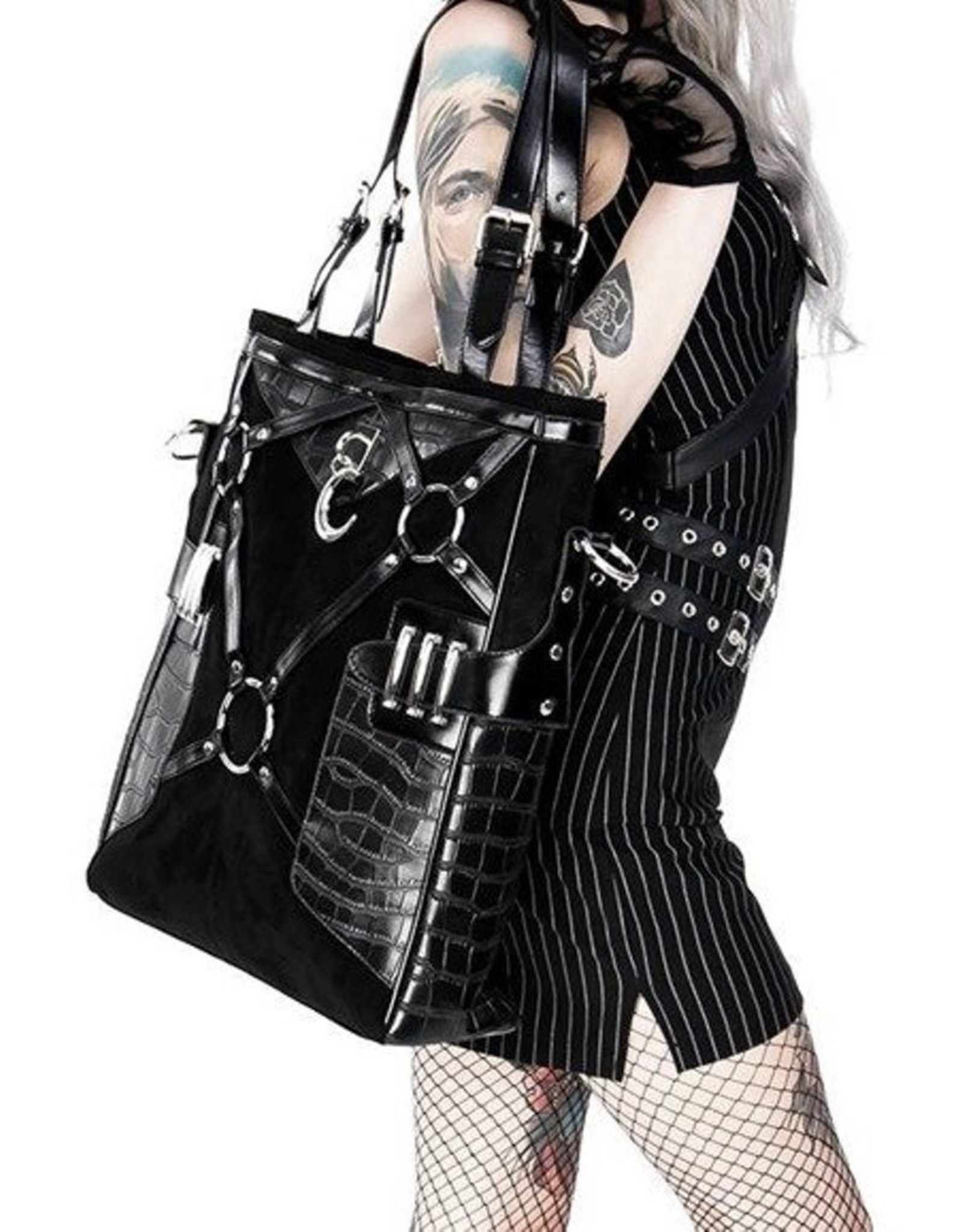 Restyle Gothic tassen Steampunk tassen - Layla Zwarte Shopper met Harnas en Halvemaan - Restyle