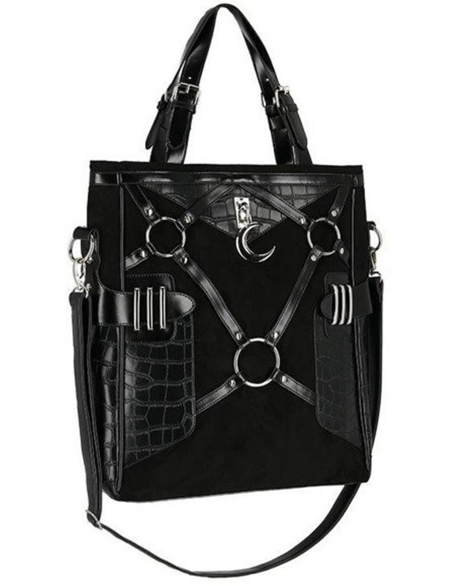 Restyle Gothic tassen Steampunk tassen - Layla Zwarte Shopper met Harnas en Halvemaan - Restyle