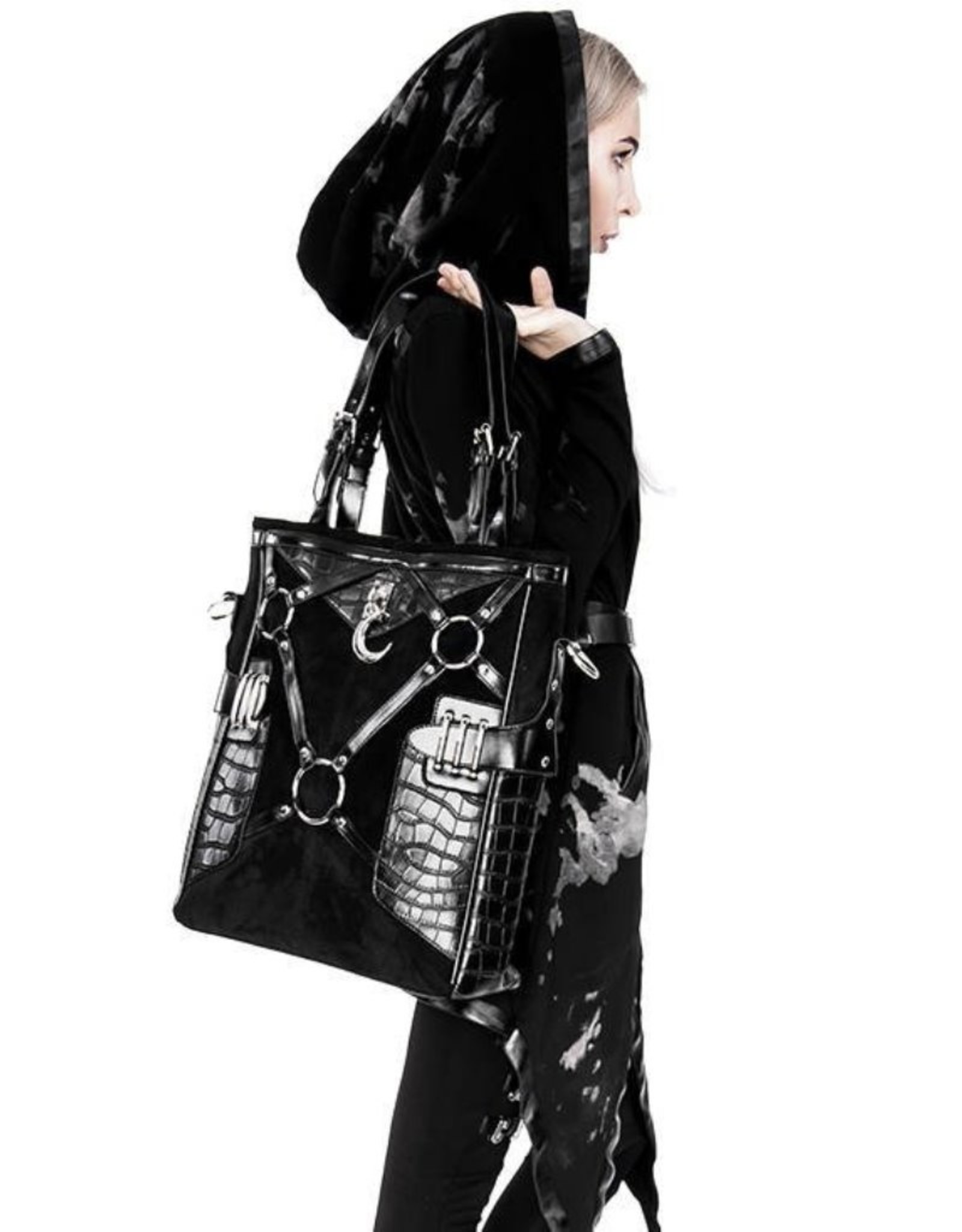 Restyle Gothic tassen Steampunk tassen - Layla Zwarte Shopper met Harnas en Halvemaan - Restyle