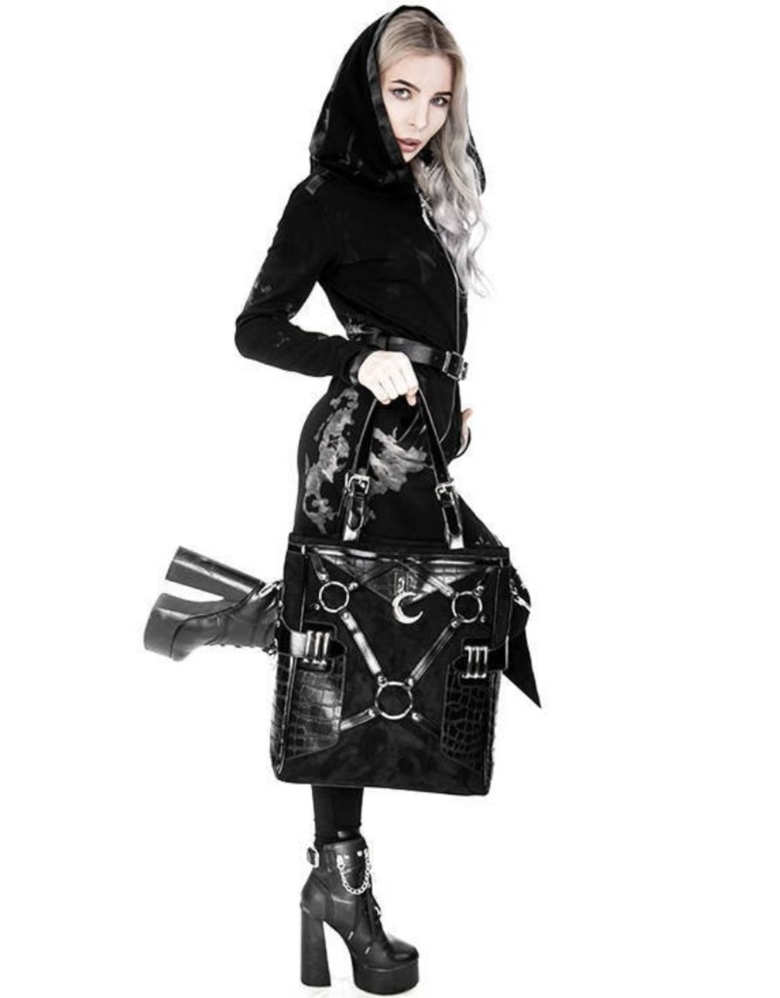 Restyle Gothic tassen Steampunk tassen - Layla Zwarte Shopper met Harnas en Halvemaan - Restyle