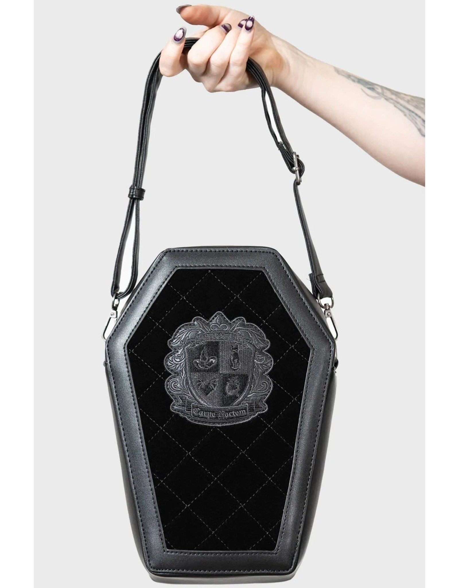 Retro Coffin Shaped Crossbody Bag, Dark Cross Patch Decor Handbag