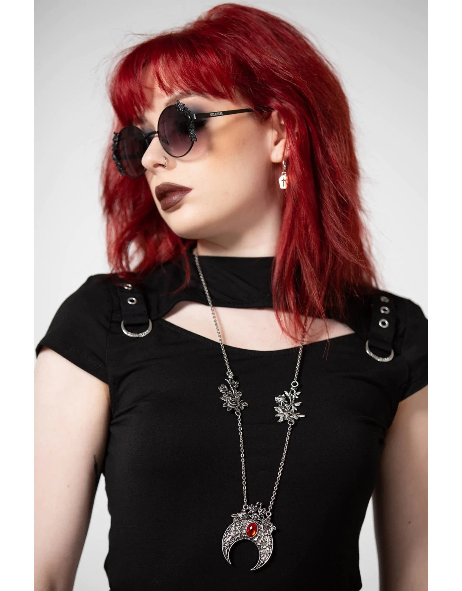 Killstar Gothic and Steampunk jewelry - Killstar Moon Bloom necklace Crescent and Roses