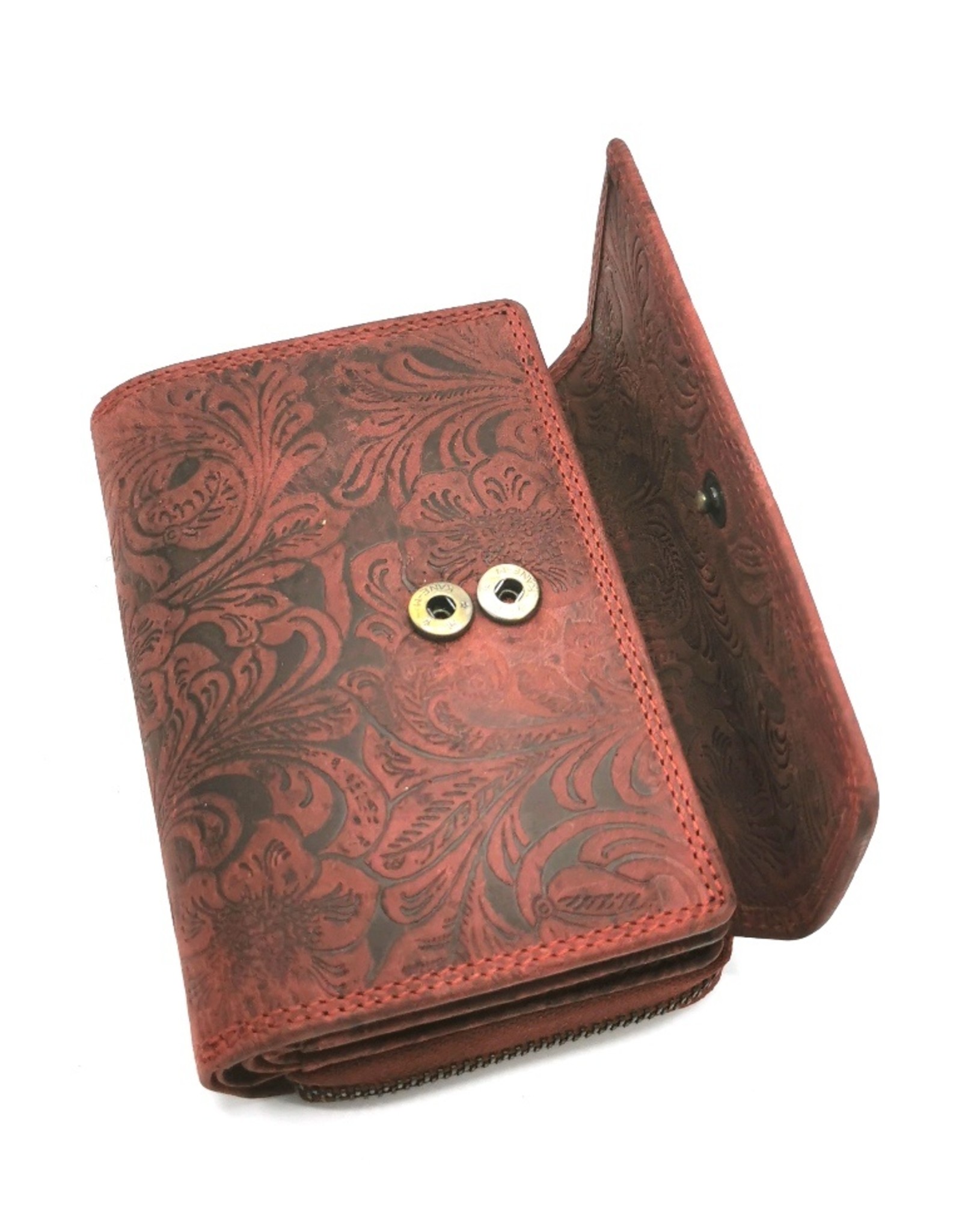 Hunters Leather Wallets - Hunters Leather Wallet Embossed flowers red