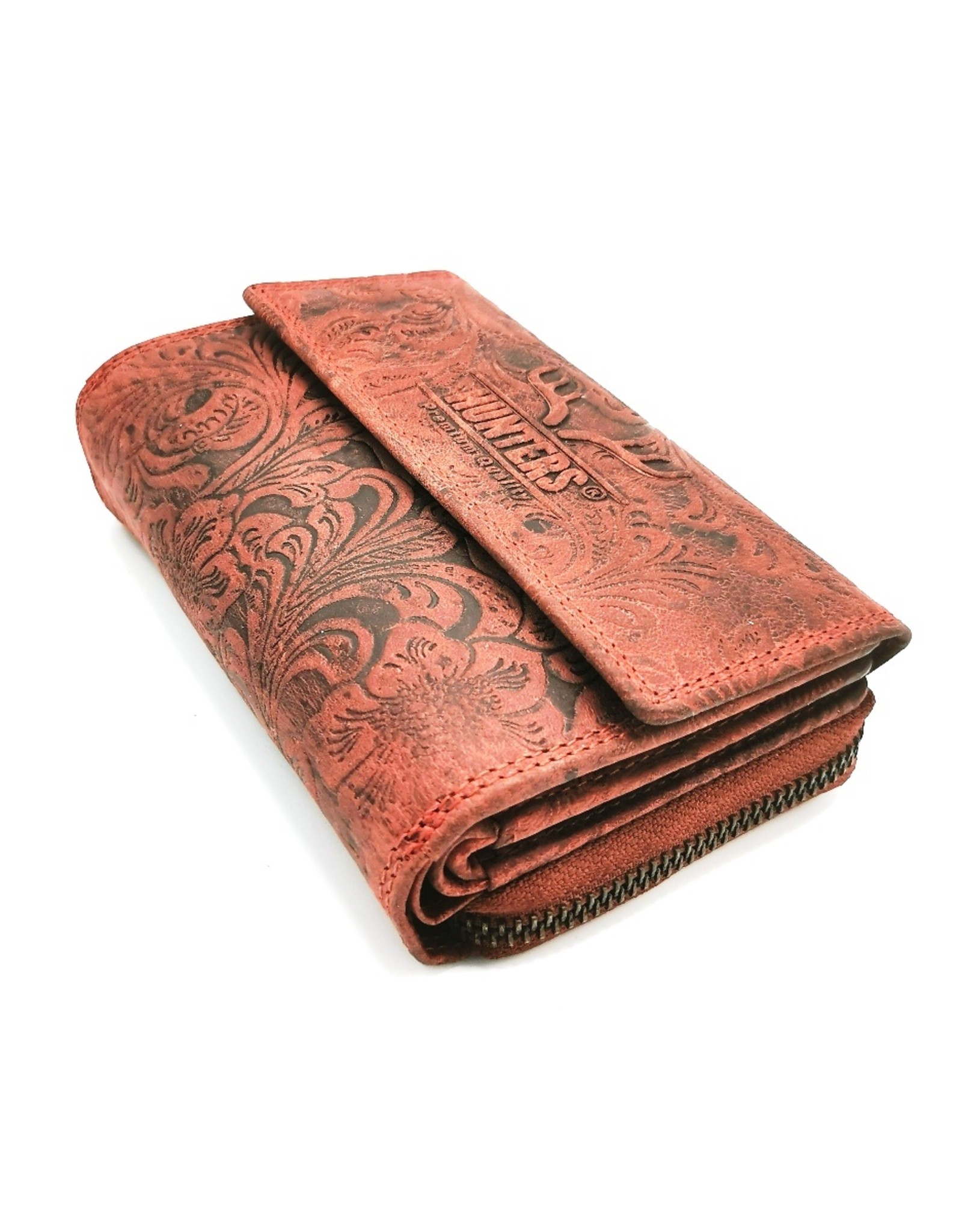 Hunters Leather Wallets - Hunters Leather Wallet Embossed flowers red