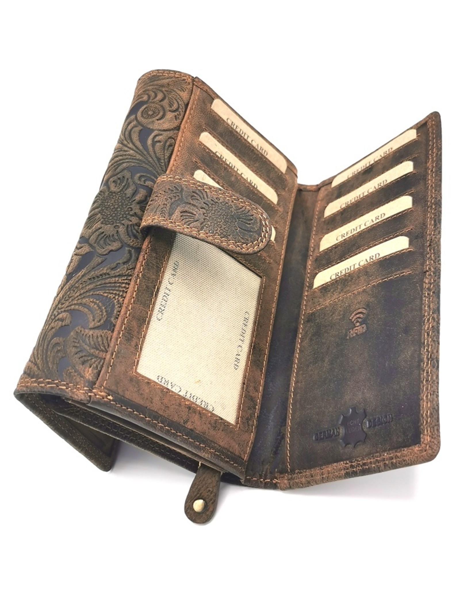 Hunters Leren Portemonnees - Hunters Portemonnee Bloemen Reliëf bruin large