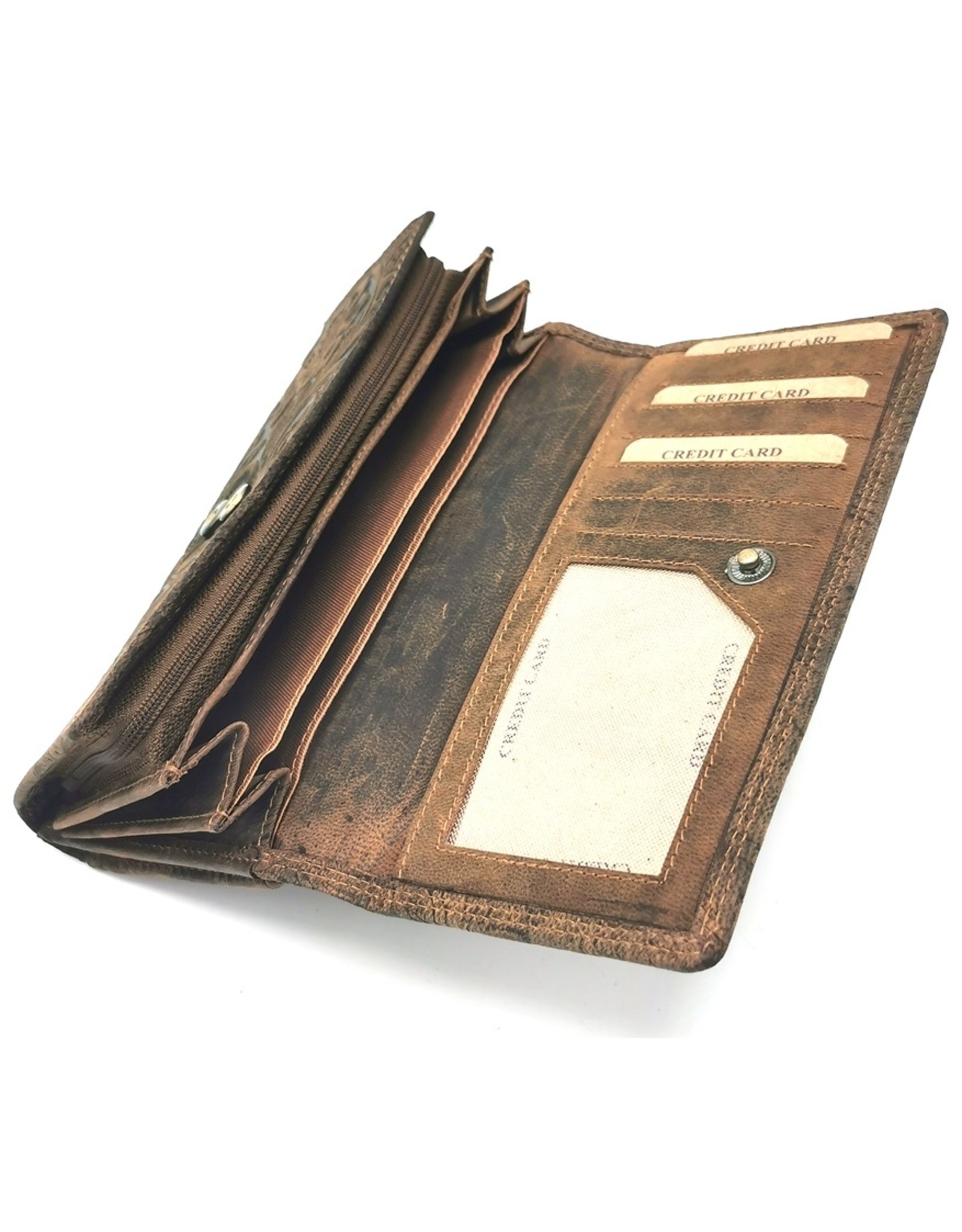 Hunters Leren Portemonnees - Hunters Portemonnee Bloemen Reliëf bruin large