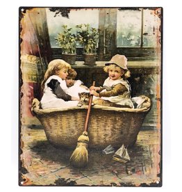 Trukado Vintage Metal plaque Children in the Laundry Basket 25cm x 20cm