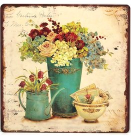 Trukado Vintage metal plaque Brocante Vase with Flowers